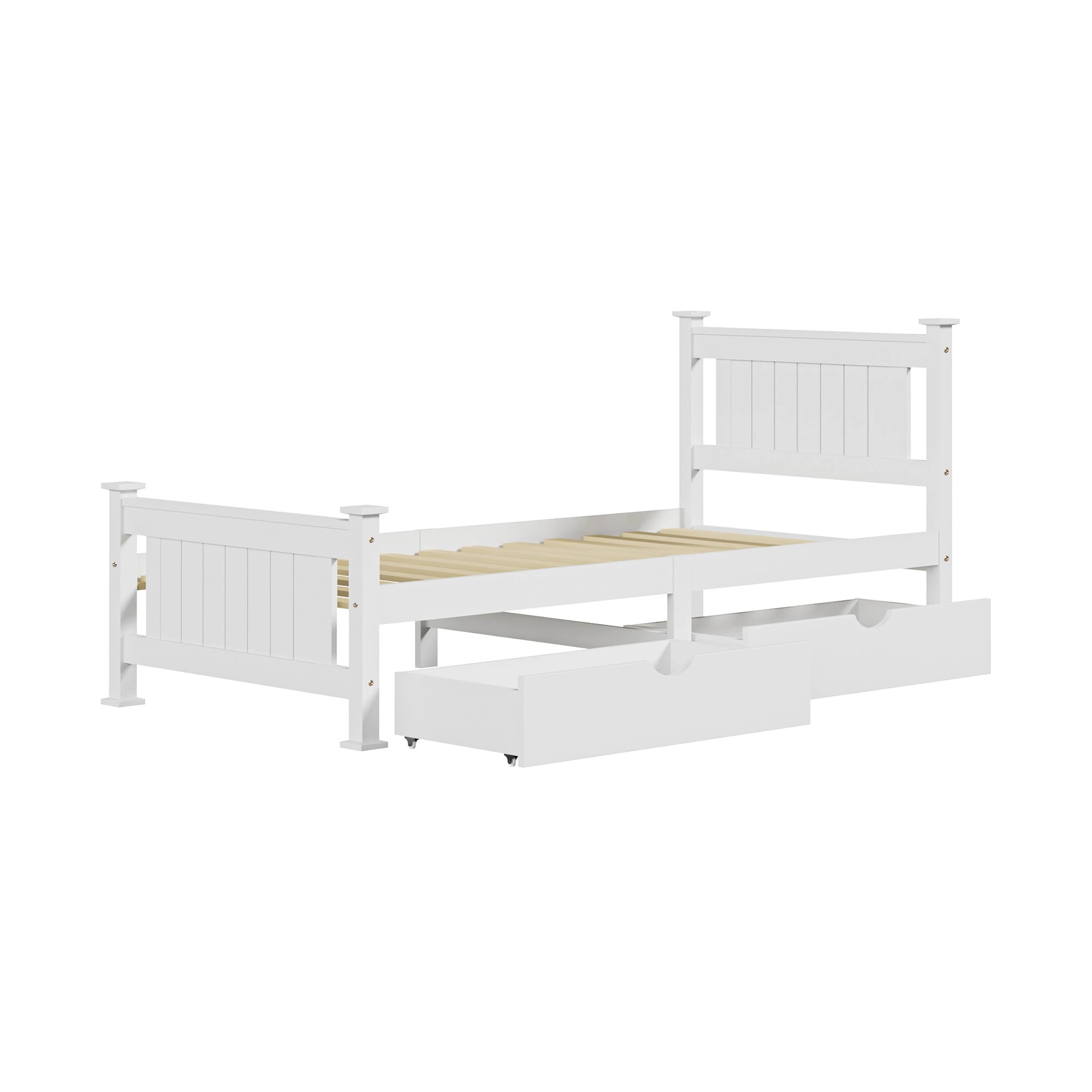 1 Oikiture Solid Pine Wood Bed Frame with 2 Trundle Drawers Single - White, 1 of 7
