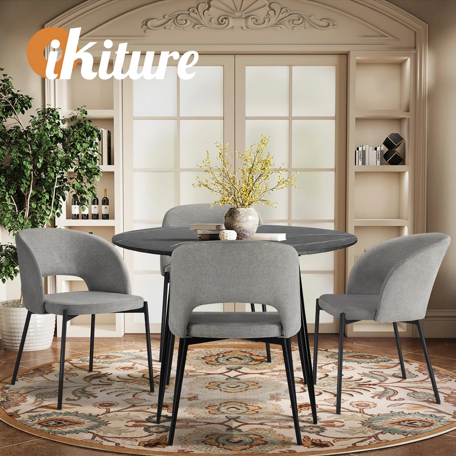 6 Oikiture 110cm Round Dining Table With 4pcs Dining Chairs Fabric Metal Legs
 - Multi, 6 of 10