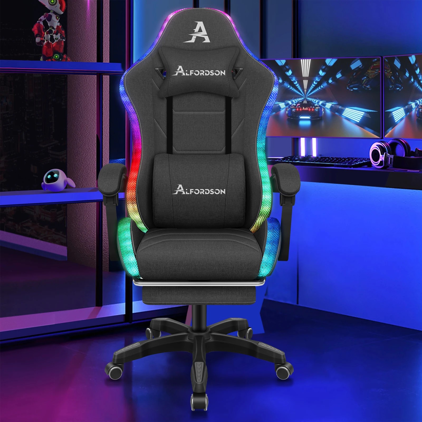 2 Alfordson Gaming Chair Office Massage 12 RGB LED Computer Seat Fabric - Dark Grey, 2 of 10