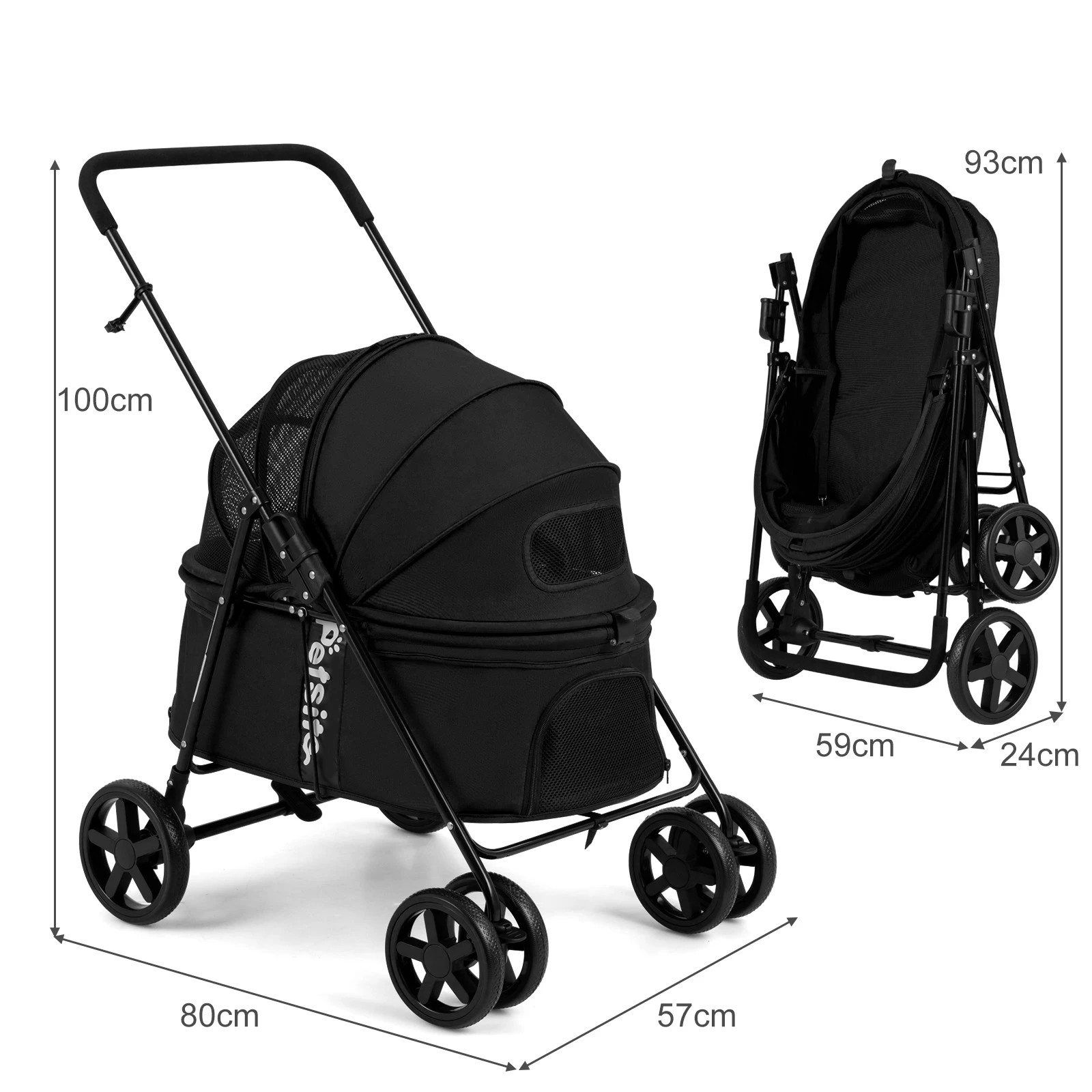 2 Costway Foldable Pet Stroller Portable Pet Travel Cart w/Double-Sided Canopy - Black, 2 of 6