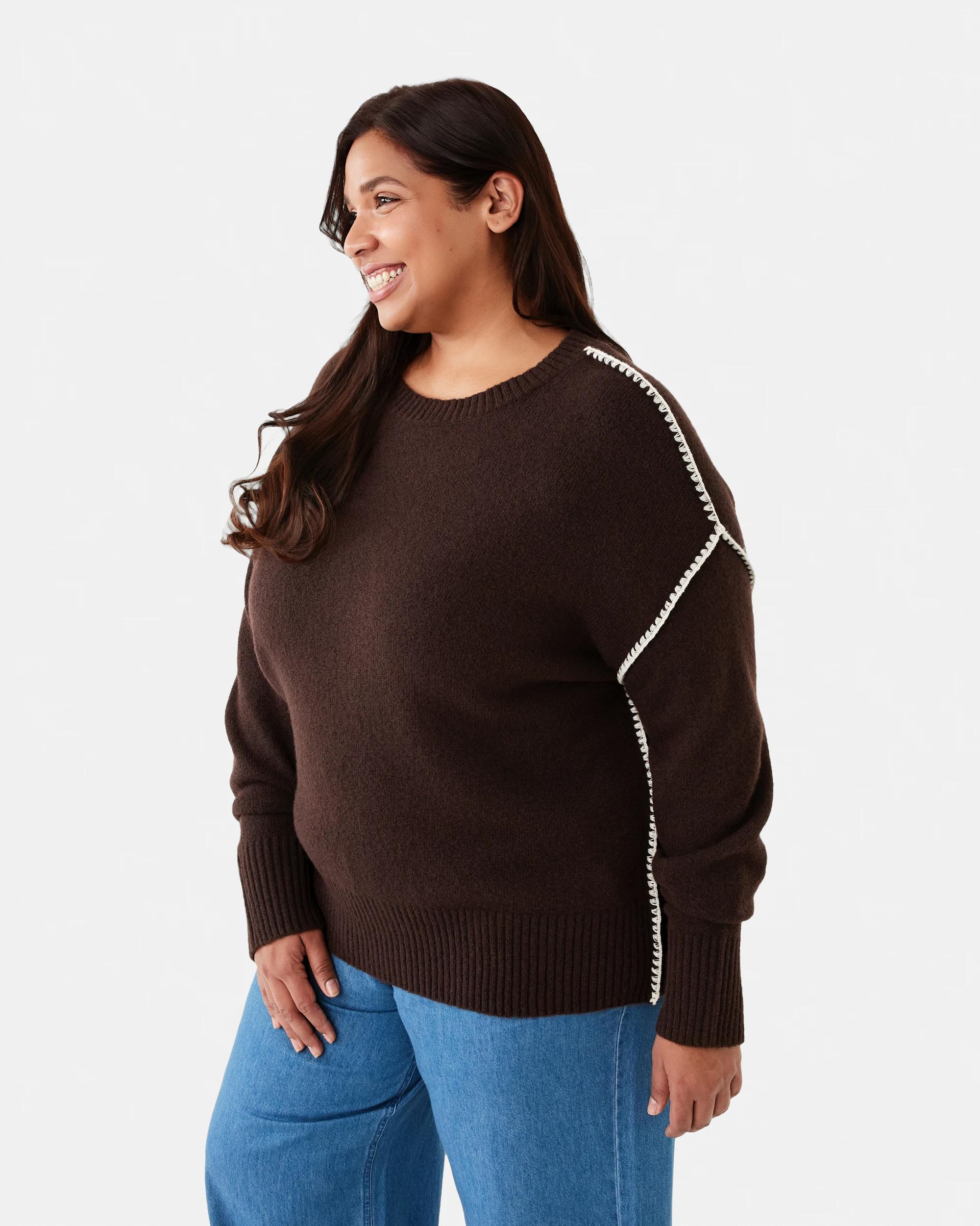 1 Curve Long Sleeve Blanket Stitch Jumper Choc Plum, 1 of 6