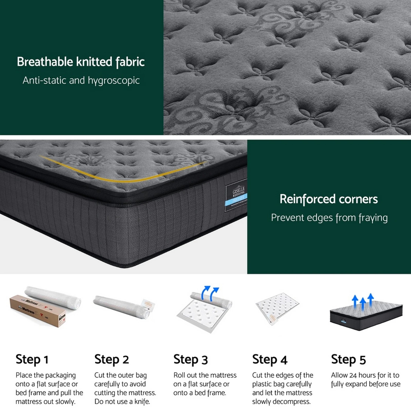 6 Bed Mattress Giselle 34cm King Single - King Single Bed - Grey, 6 of 7