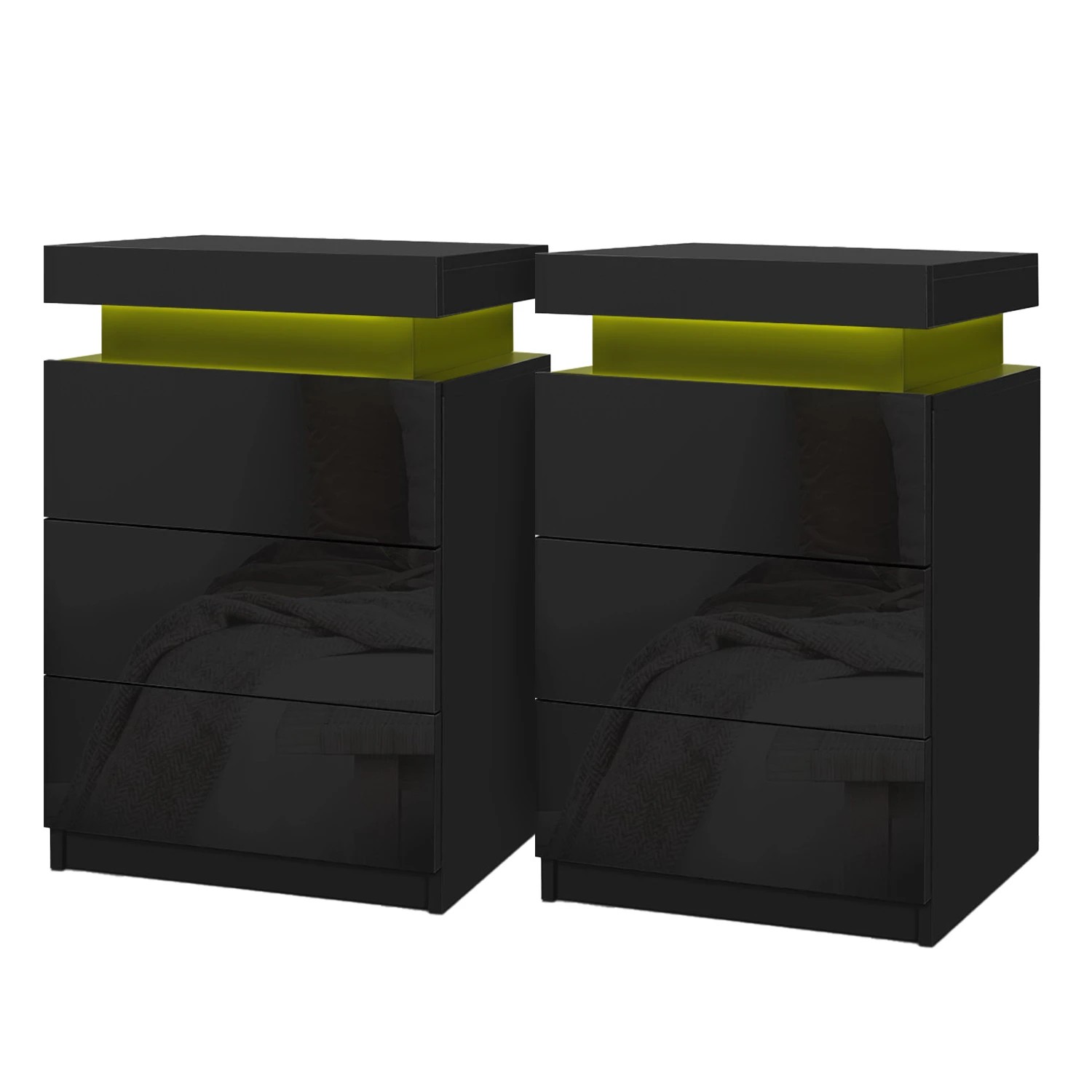 1 Artiss 2X Bedside Table LED 3 Drawers - Black, 1 of 9