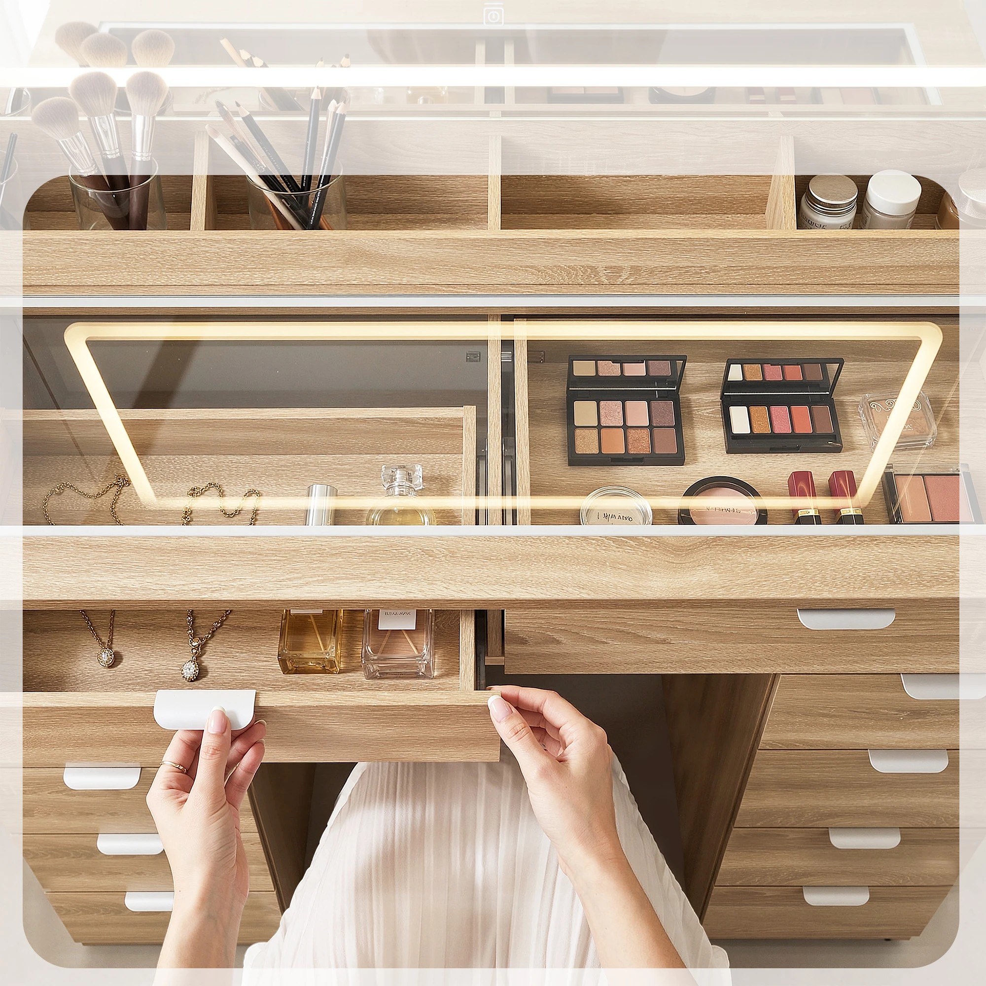 9 Artiss Dressing Table Charging Station LED Vanity Desk Set Stool Make up Mirror Storage Drawer - Natural, 9 of 9