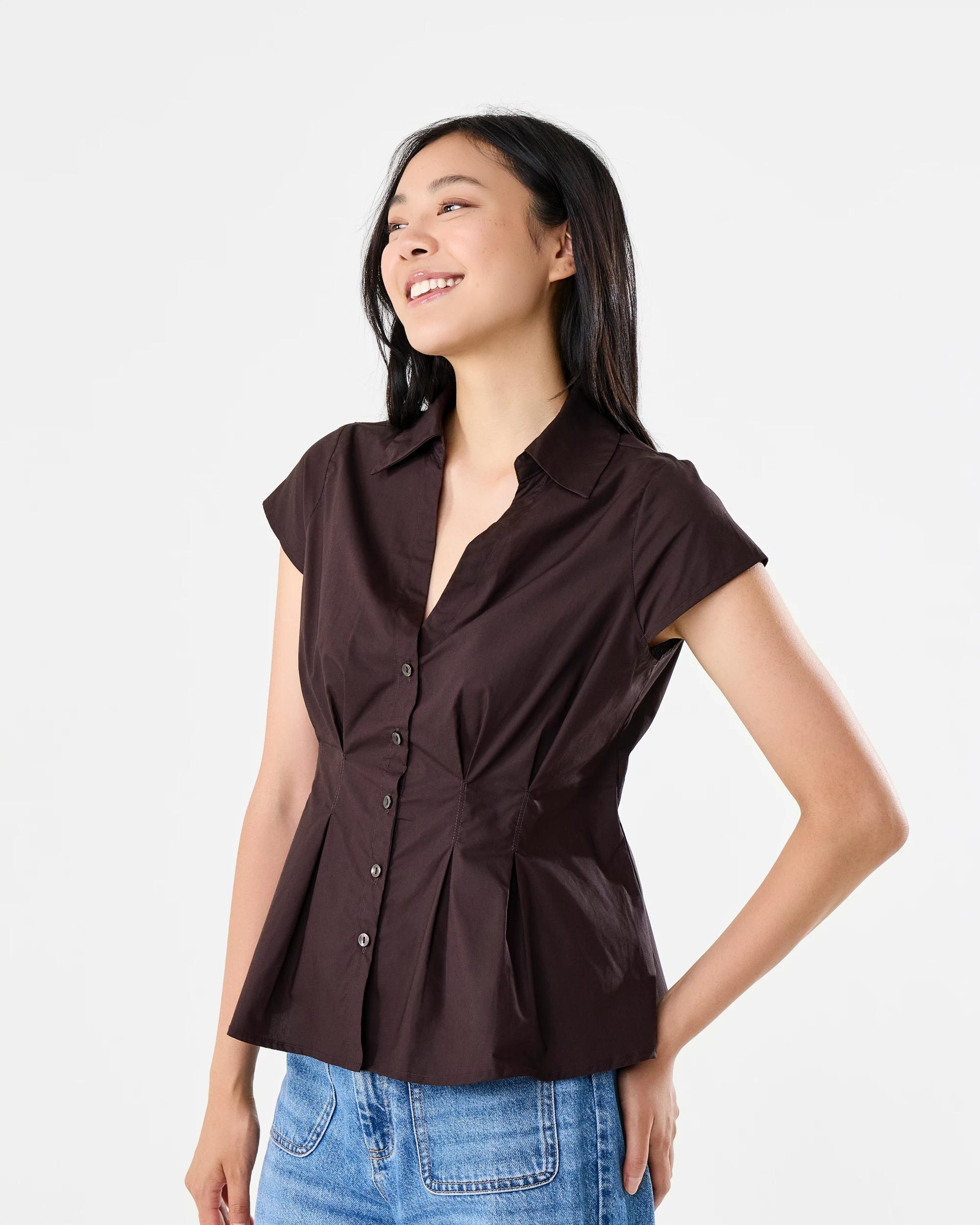 3 Short Sleeve Pleat Detail Shirt Choc Plum, 3 of 7