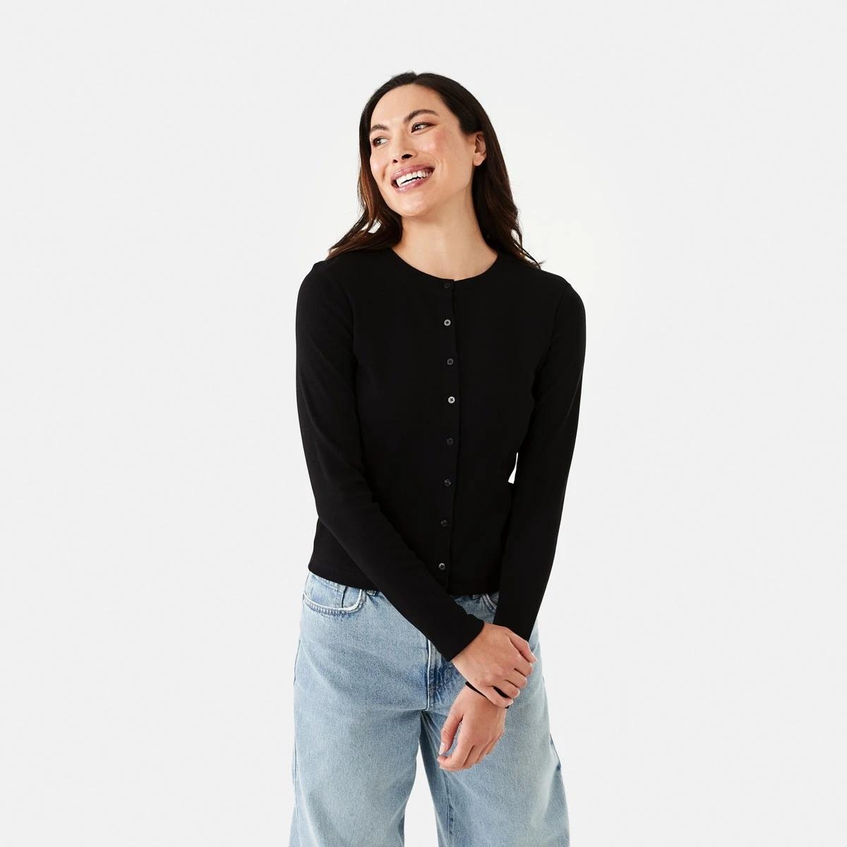 2 Long Sleeve Rib Button Front Top Black, 2 of 7