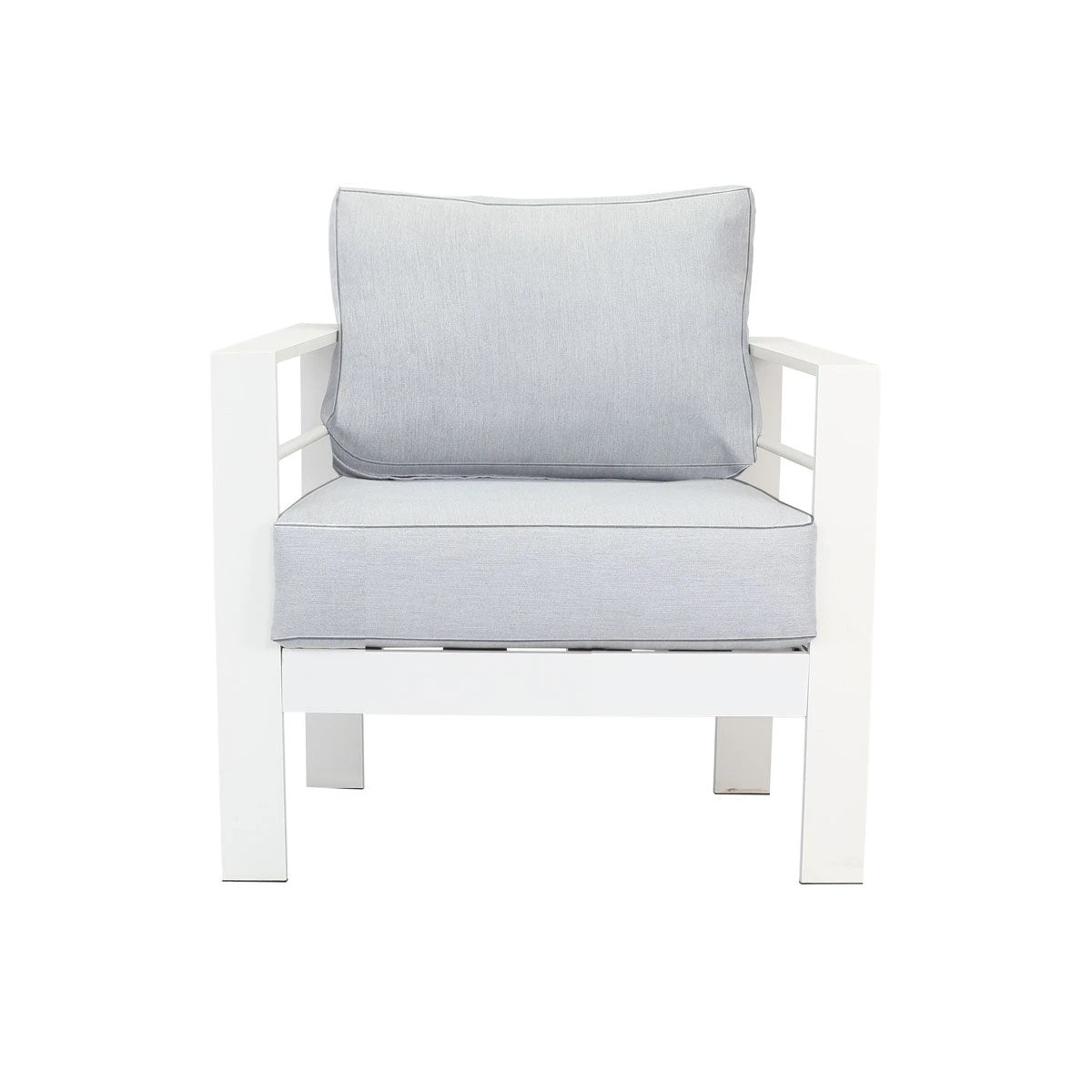 1 Moda Living Paris White Aluminium Outdoor Single Sofa with Arms - Light Grey Cushion (Set of 2) - White, 1 of 7
