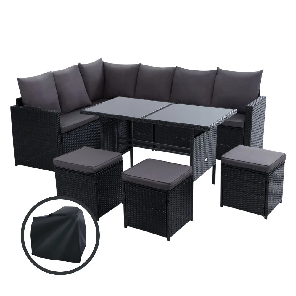 1 Gardeon Outdoor Dining Set Sofa Lounge Setting Chairs Table Ottoman Cover - Black, 1 of 6