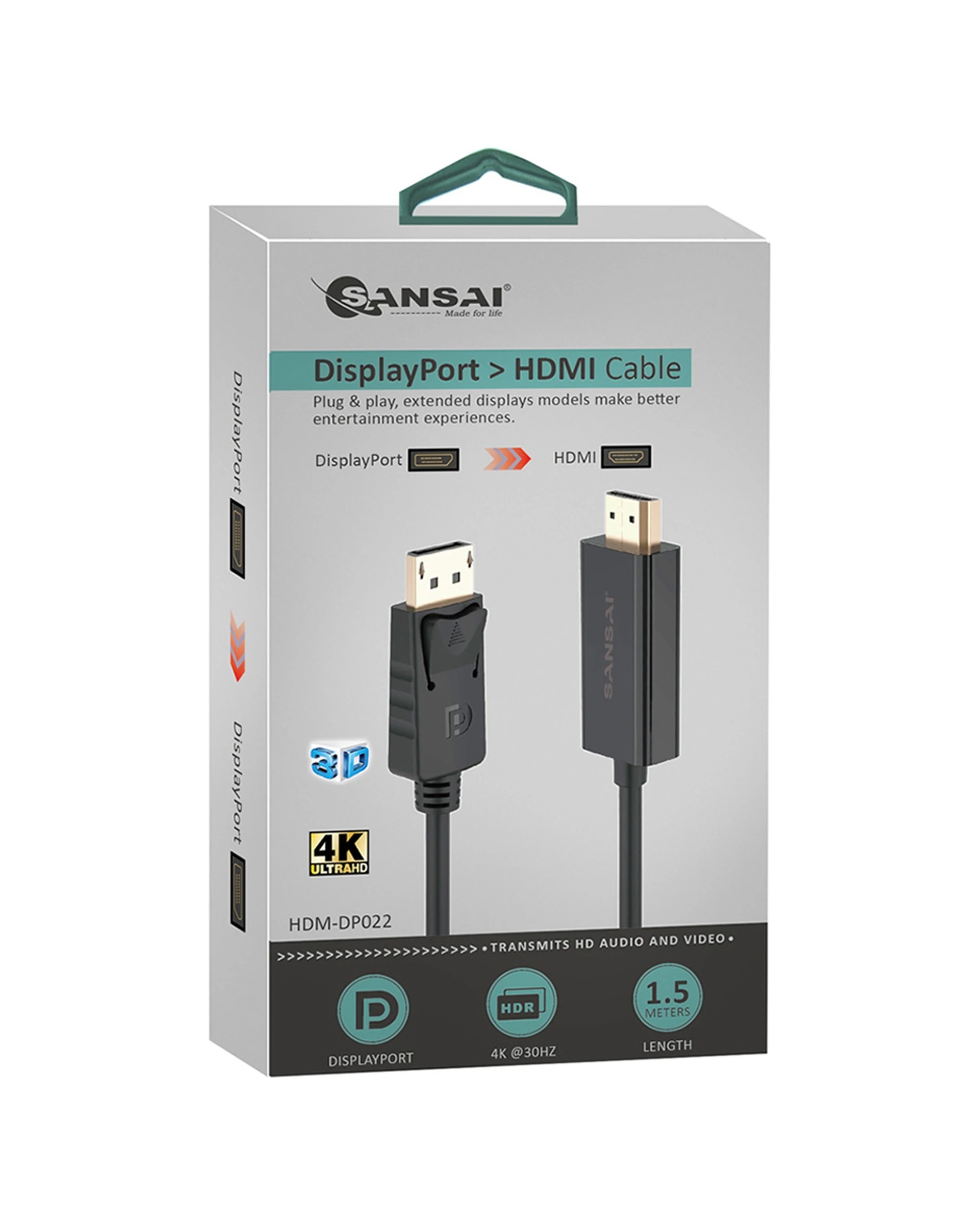1 Sansai Displayport To HDMI Male To Male Monitor TV Laptop Computer Cable 1.5m - Plain, 1 of 2
