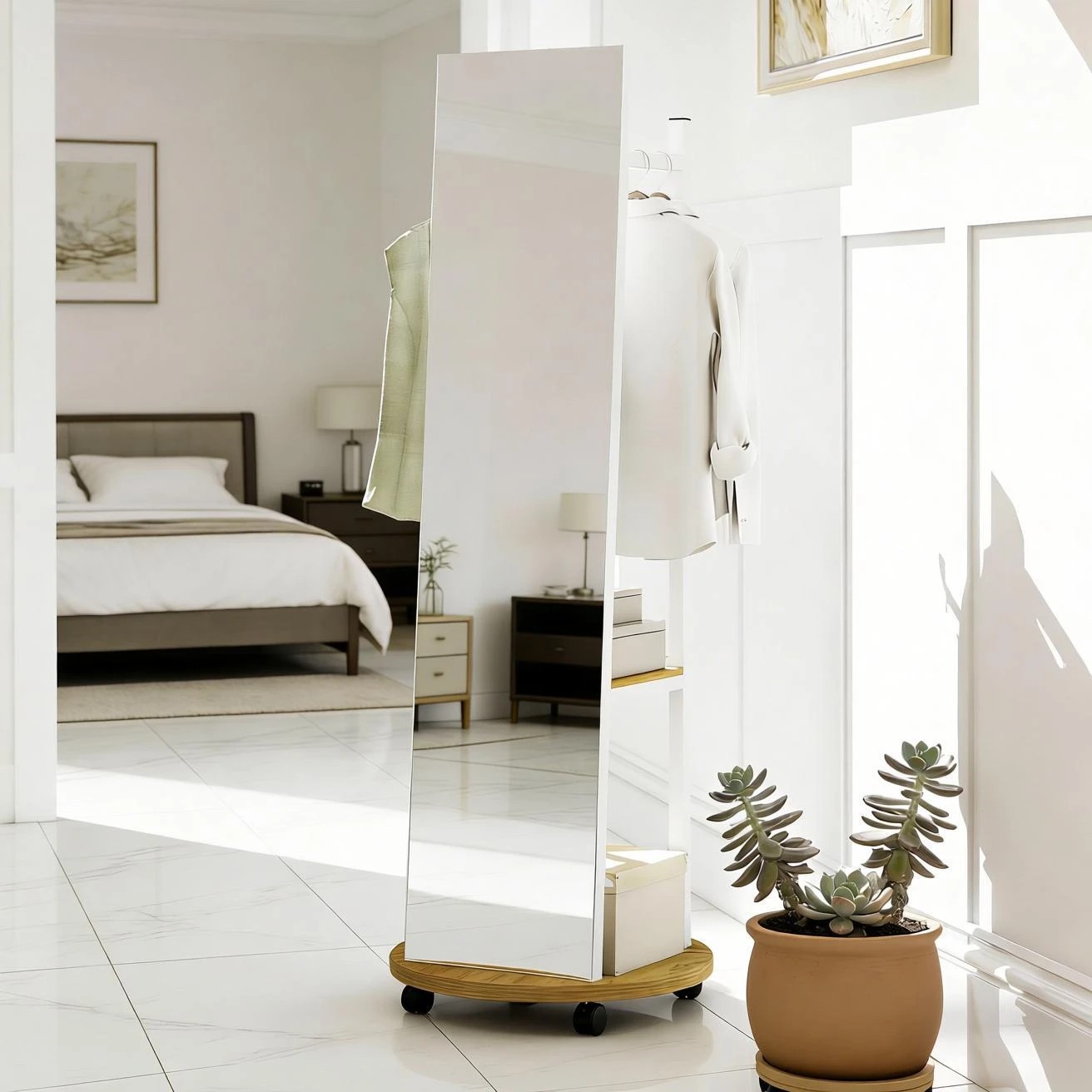 3 Costway Mobile Coat Rack Clothes Tree Hanger w/360°Swivel Full Length Mirror - White, 3 of 5