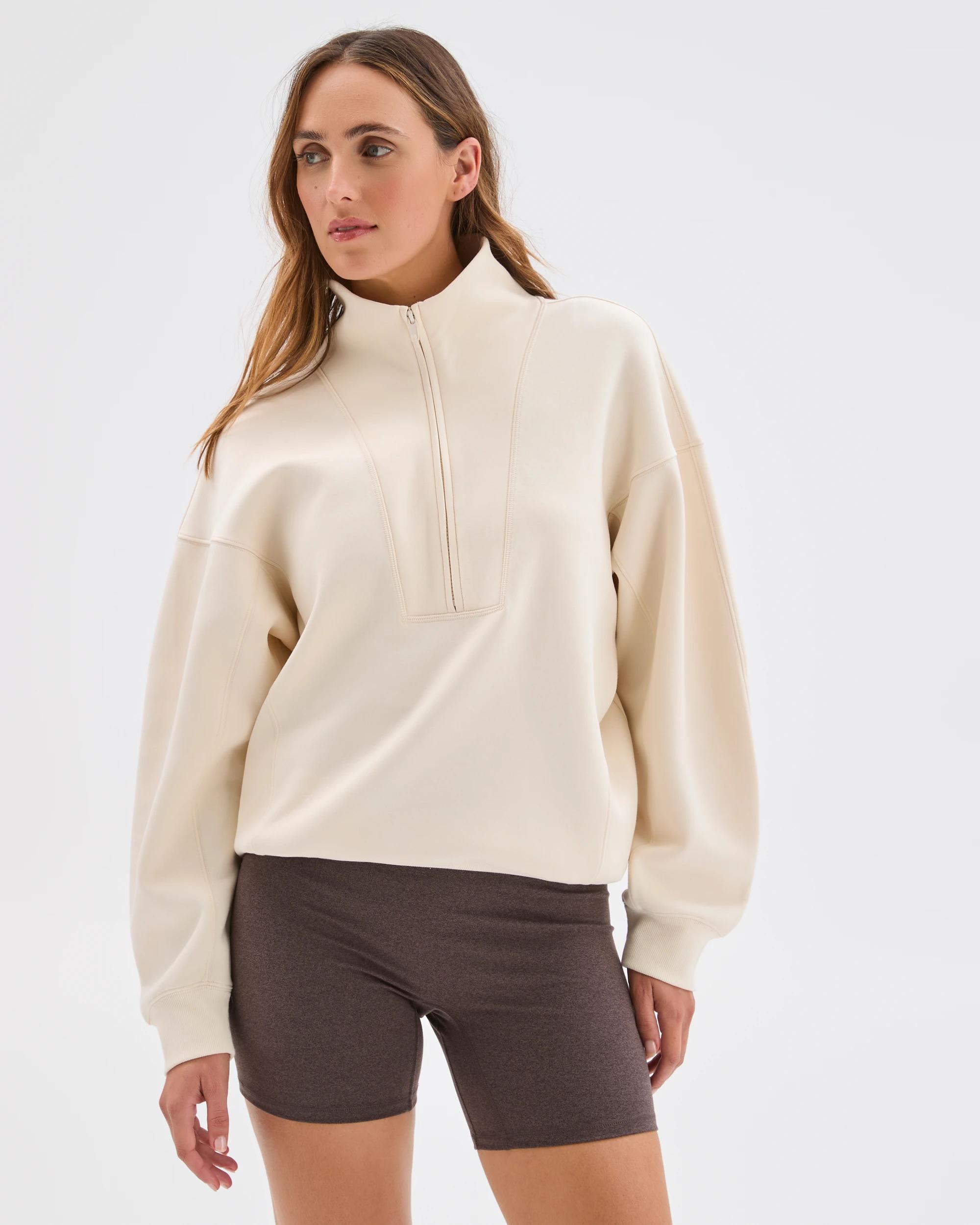 1 Target Active Australian Cotton Blend Cocoon 1/4 Zip Fleece Jumper OATMILK, 1 of 7
