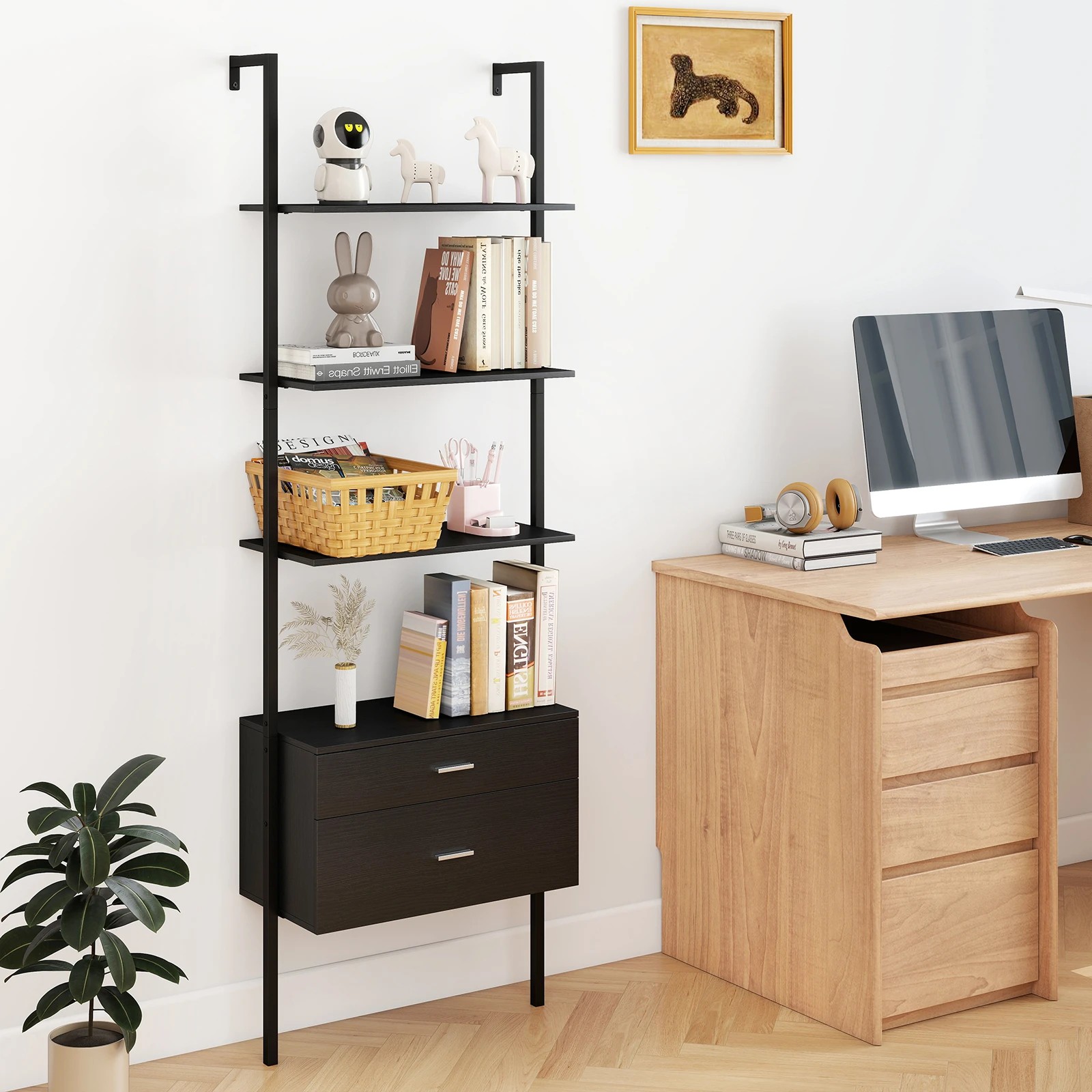 3 Costway 6-Tier Ladder Bookcase Wall-Mounted Bookshelf w/2 Drawers Modern Open Display Shelf - Black, 3 of 5