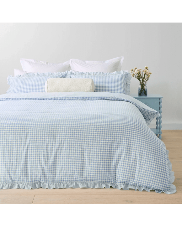 Gingham Ruffle Reversible Cotton Quilt Cover Set - King Bed, Blue