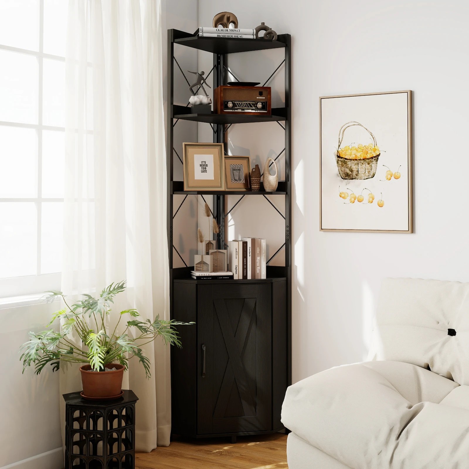 3 Costway Corner Shelf Bookshelf 180cm Tall Storage Cabinet Open Display Rack - Black, 3 of 4