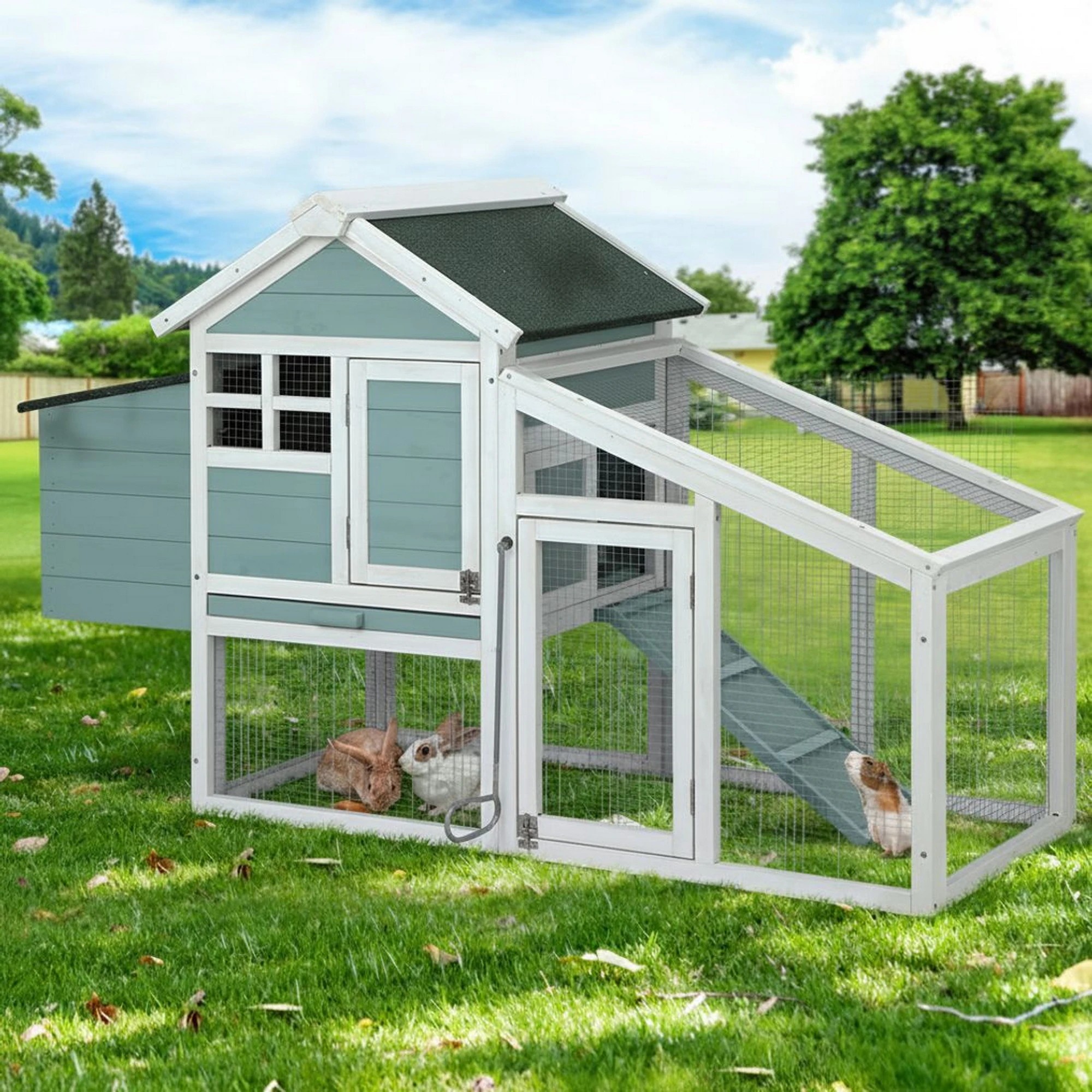 2 i.Pet Chicken Coop Rabbit Hutch Large House Run Cage Wooden Outdoor Bunny Coops - Multi, 2 of 7