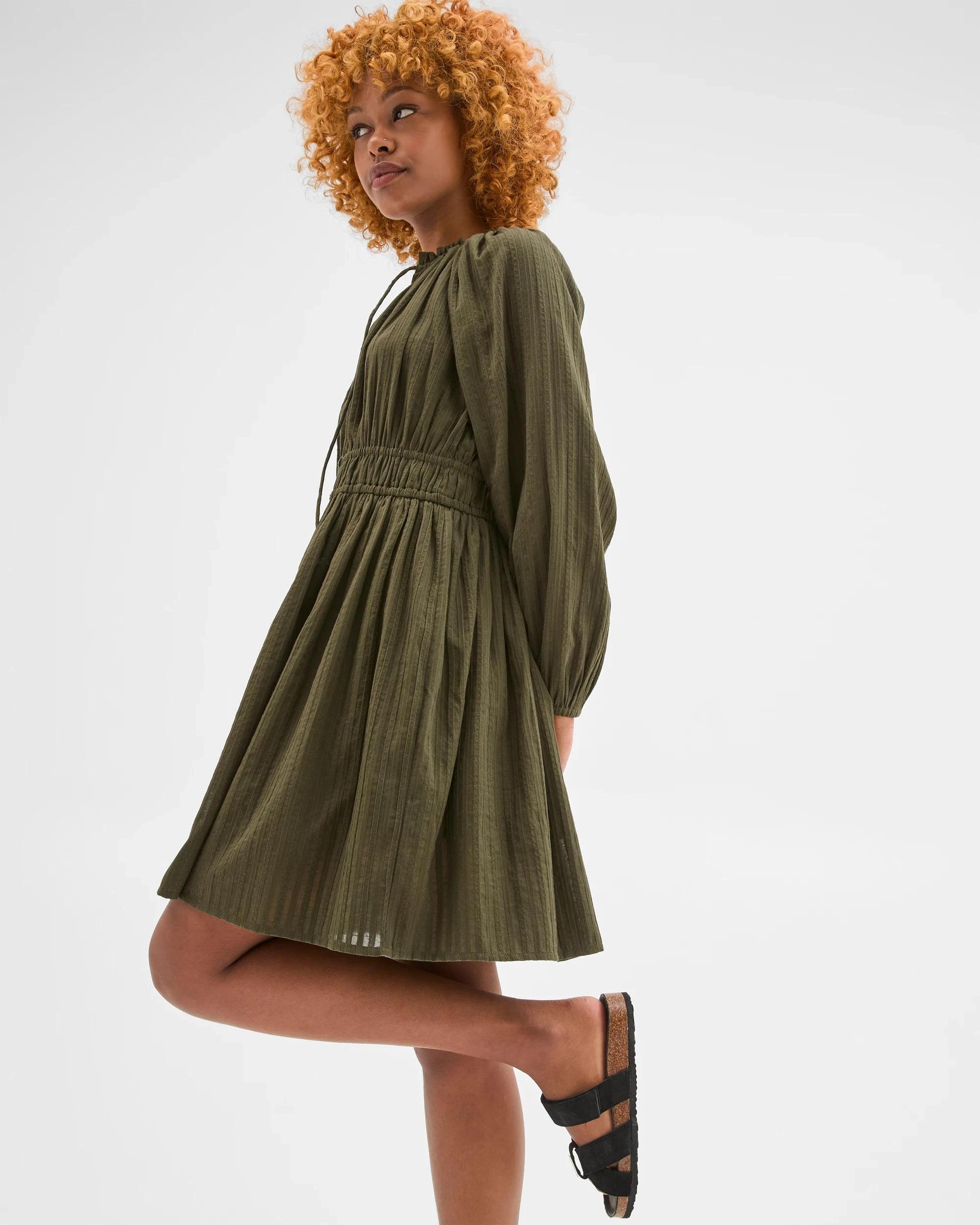 2 Target Petites Long Sleeve Textured Mini Dress DUSTY OLIVE, 2 of 5