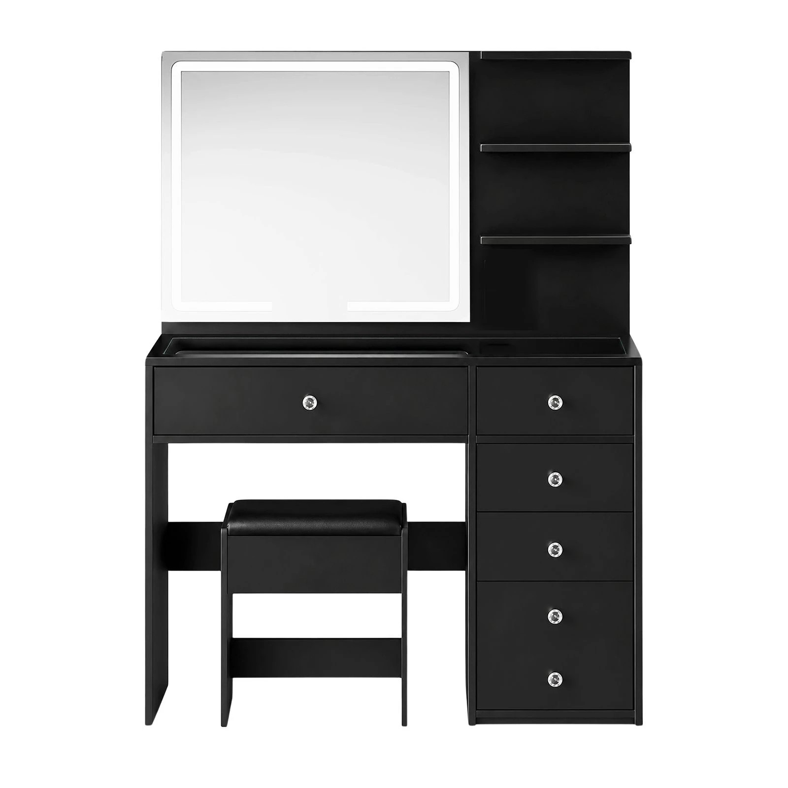 3 Ausway Dressing Table Stool Set with LED Lighted Mirror 3 Lighting Colours Drawers Shelves Glass Tabletop, 3 of 6