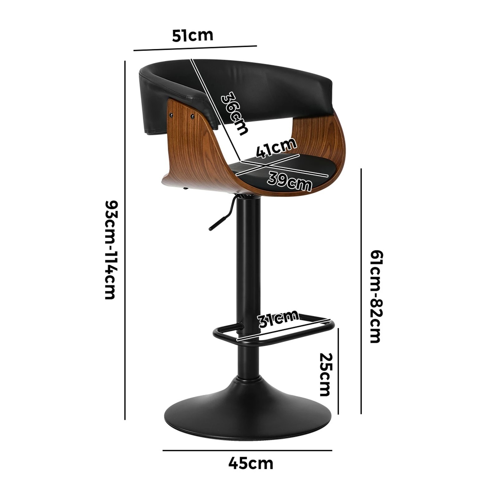 2 Oikiture 2x Bar Stools Swivel Gas Lift Counter Stool Armrest Leather - Black, 2 of 8