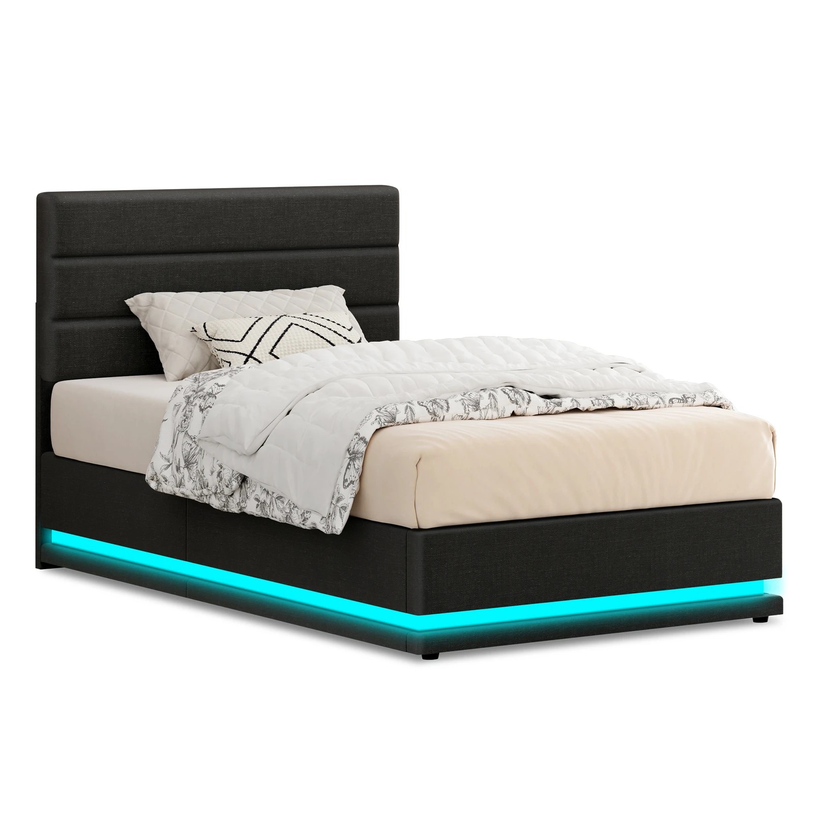 1 Alfordson Bed Frame King Single Platform RGB LED Gas Lift Storage Base - Charcoal, 1 of 10