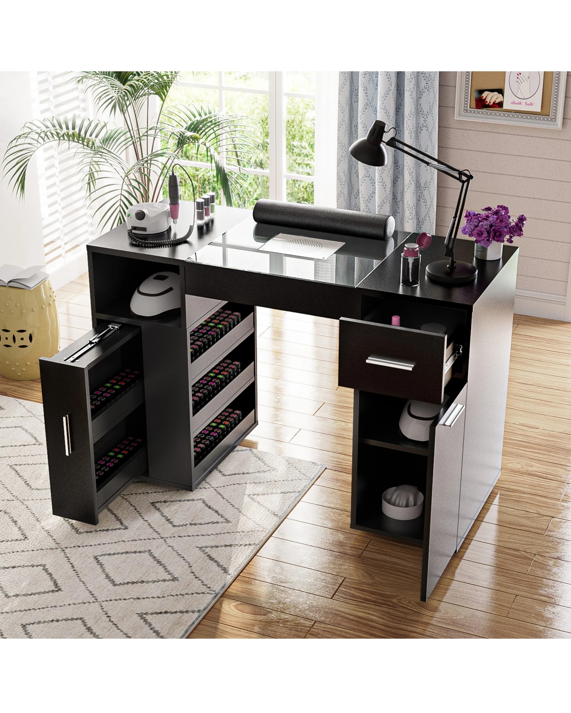 2 Advwin Manicure Table Vanity Desk With Dust Collector Glass Top Storage Cabinet - Black, 2 of 4