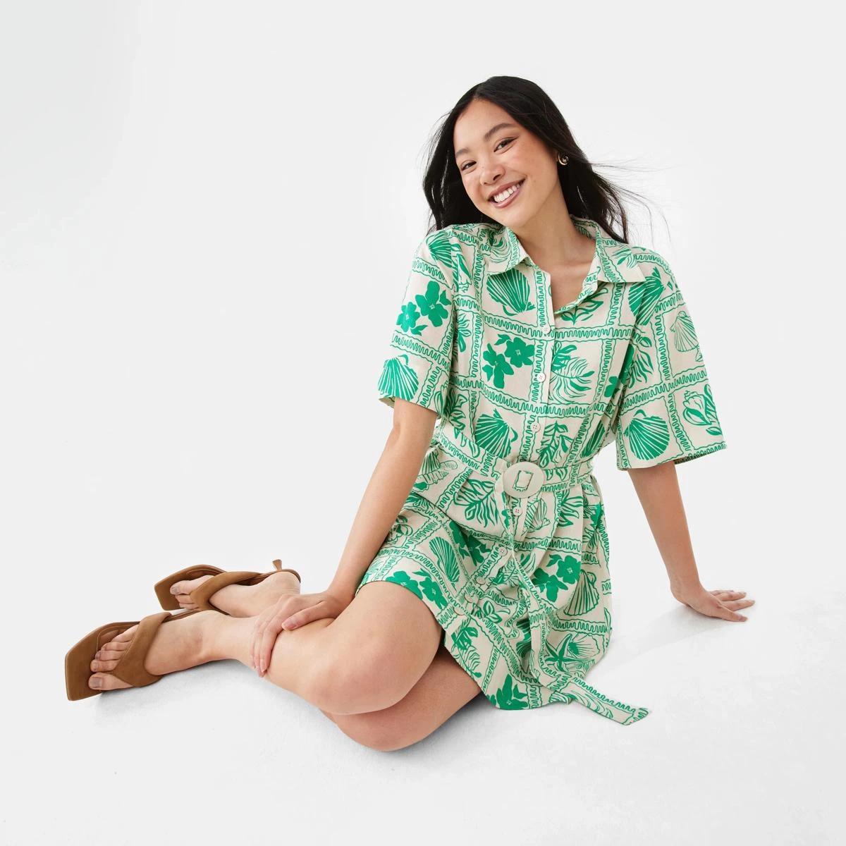 9 Short Sleeve Belted Mini Shirt Dress SHELL GEO SIMPLY GREEN, 9 of 11