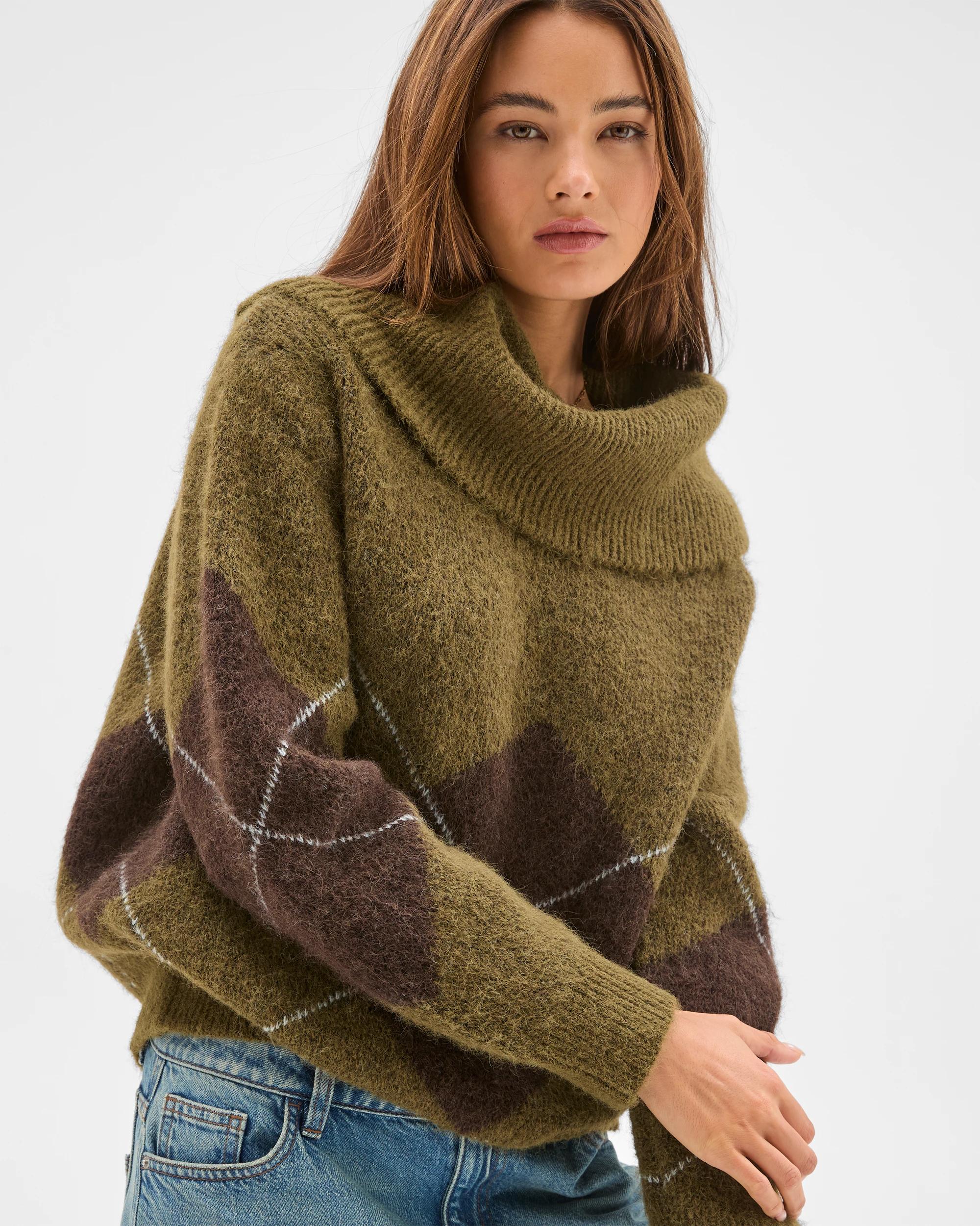 2 Lily Loves Fold Neck Argyle Jumper DEEP MOSS, 2 of 6