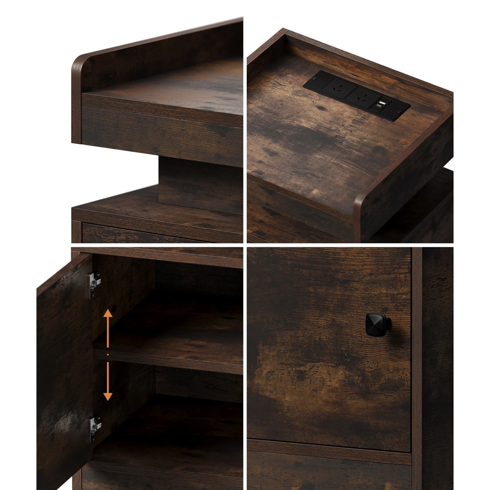 3 Oikiture 2x Bedside Table LED Nightstand USB Charging Station Side Table - Brown, 3 of 6