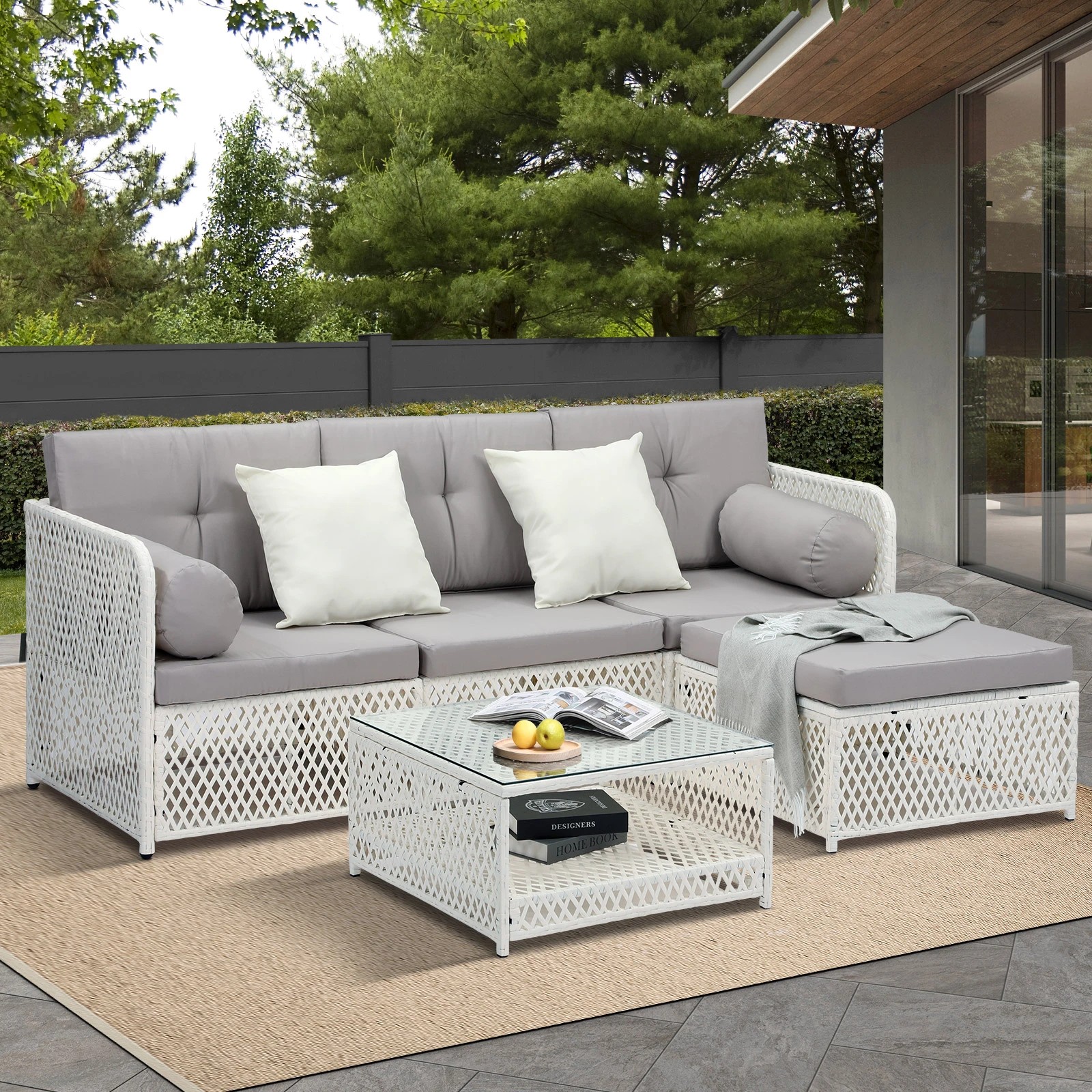 3 Livsip Outdoor Sofa Set 4 Seater Wicker Lounge Setting - White, 3 of 8