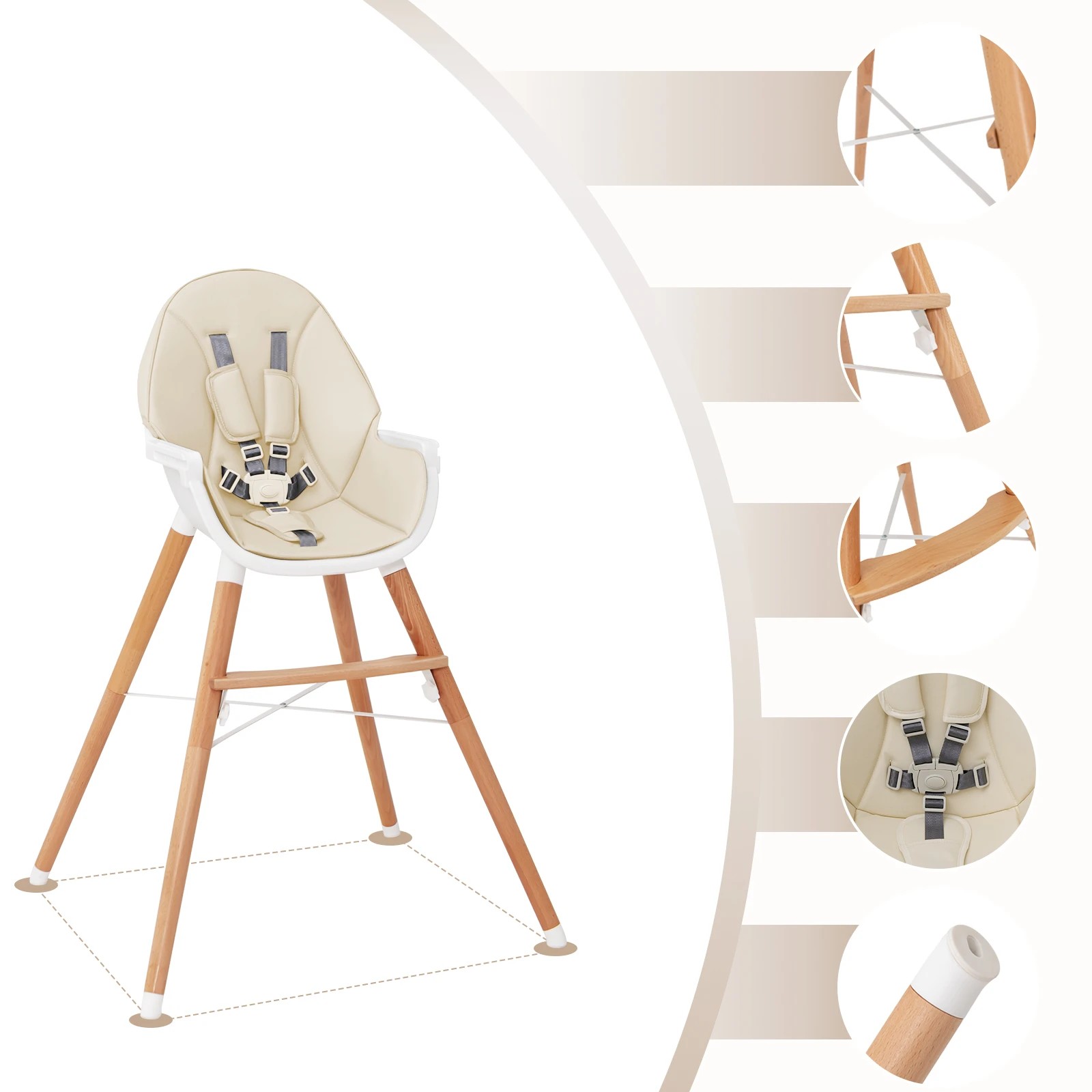 5 Costway Wood High Chair Adjustable Feeding Seat Beige, 5 of 7
