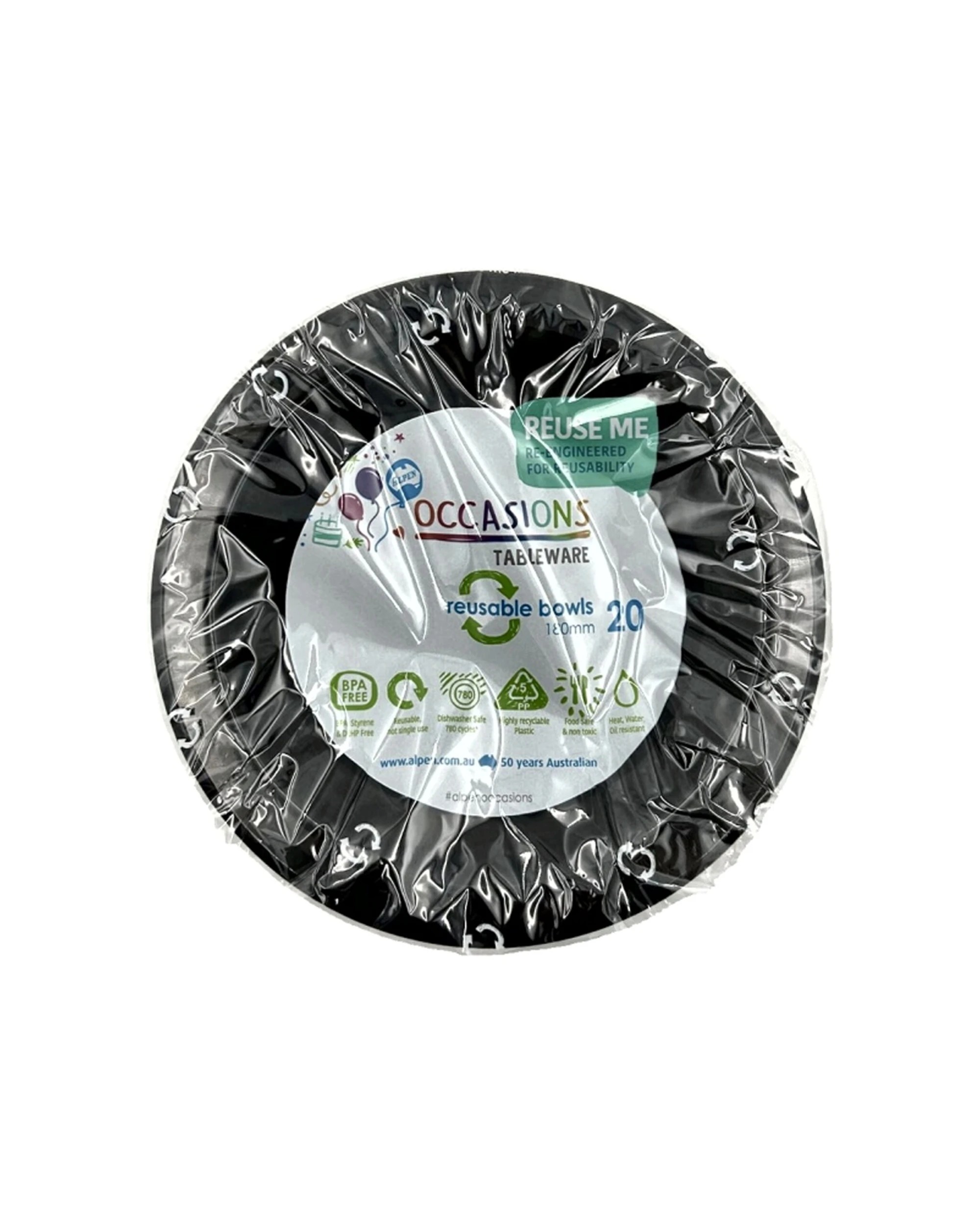 1 Alpen 20pc Reusable Plastic Bowl Occasions Tableware 180mm - Black, 1 of 1