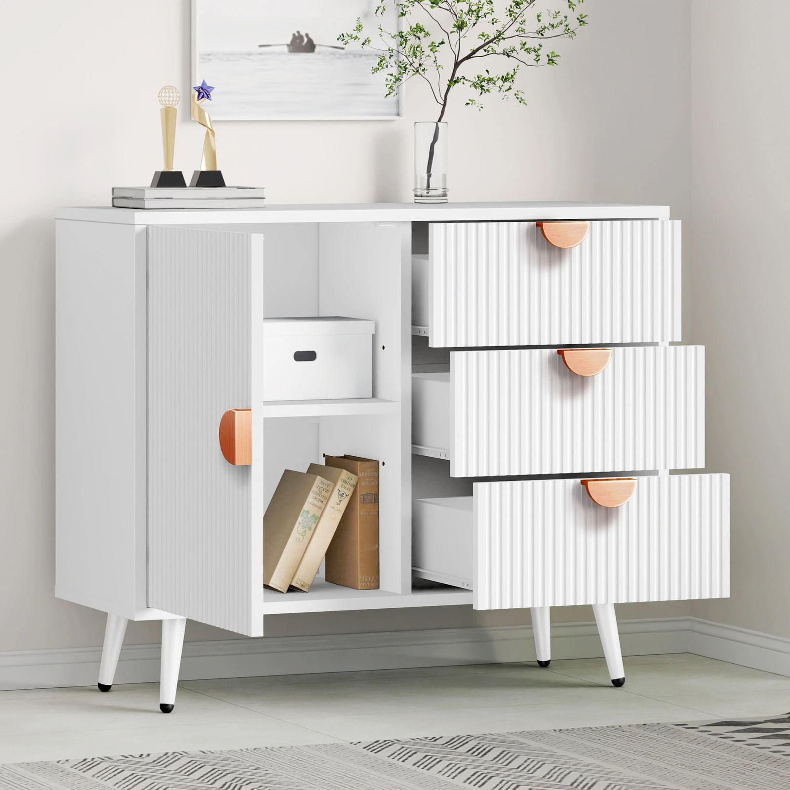 4 Alfordson Buffet Sideboard Storage Cabinet Cupboard Kitchen Hallway Drawers - White, 4 of 10