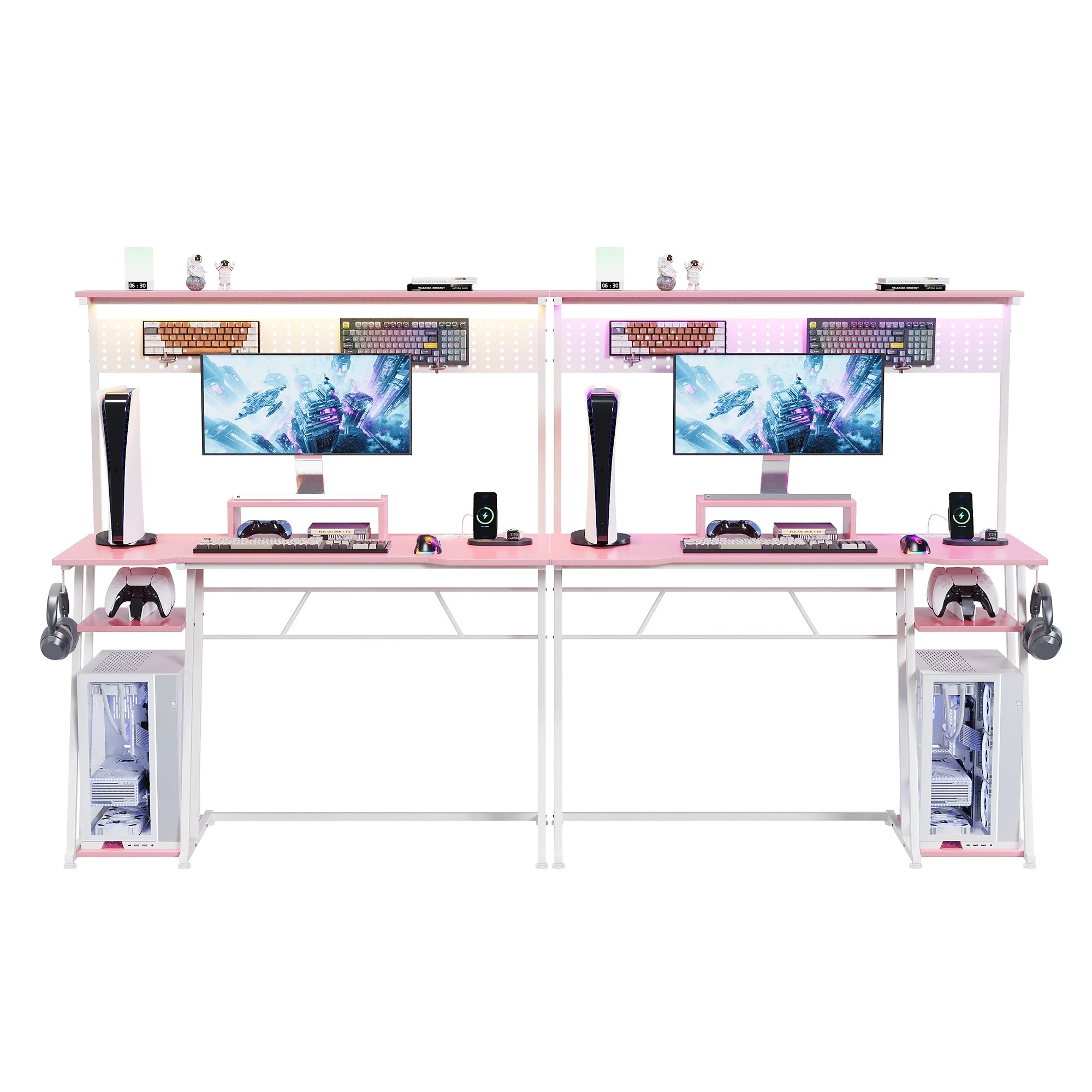 7 Advwin 120cm LED Gaming Desk w/ Power Outlets Reversible Carbon Fiber w/ Shelf hook & Pegboard - Pink, 7 of 8