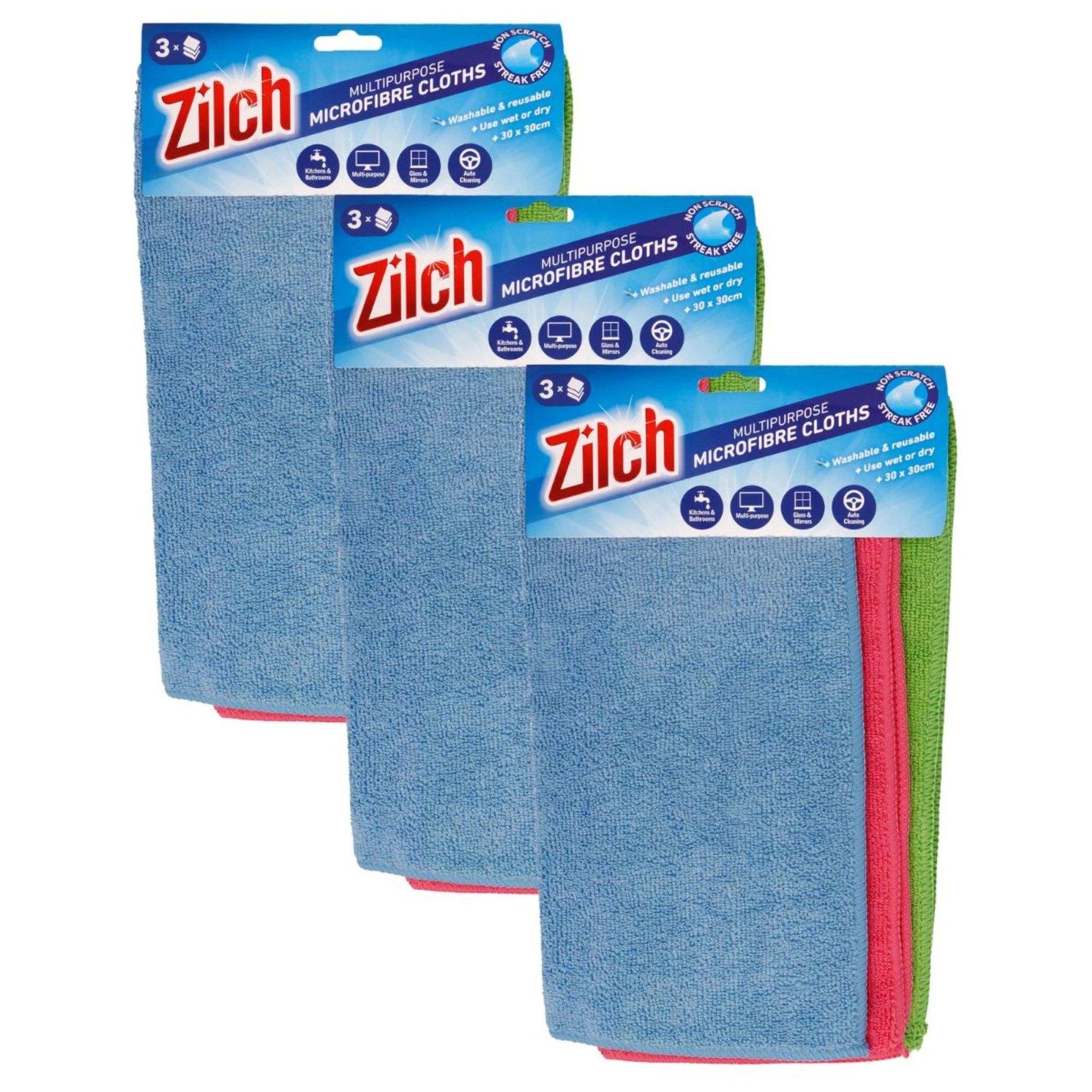 1 Zilch Cloth Cleaning Multipurpose Microfibre 30x30cm Pk3 x3, 1 of 1