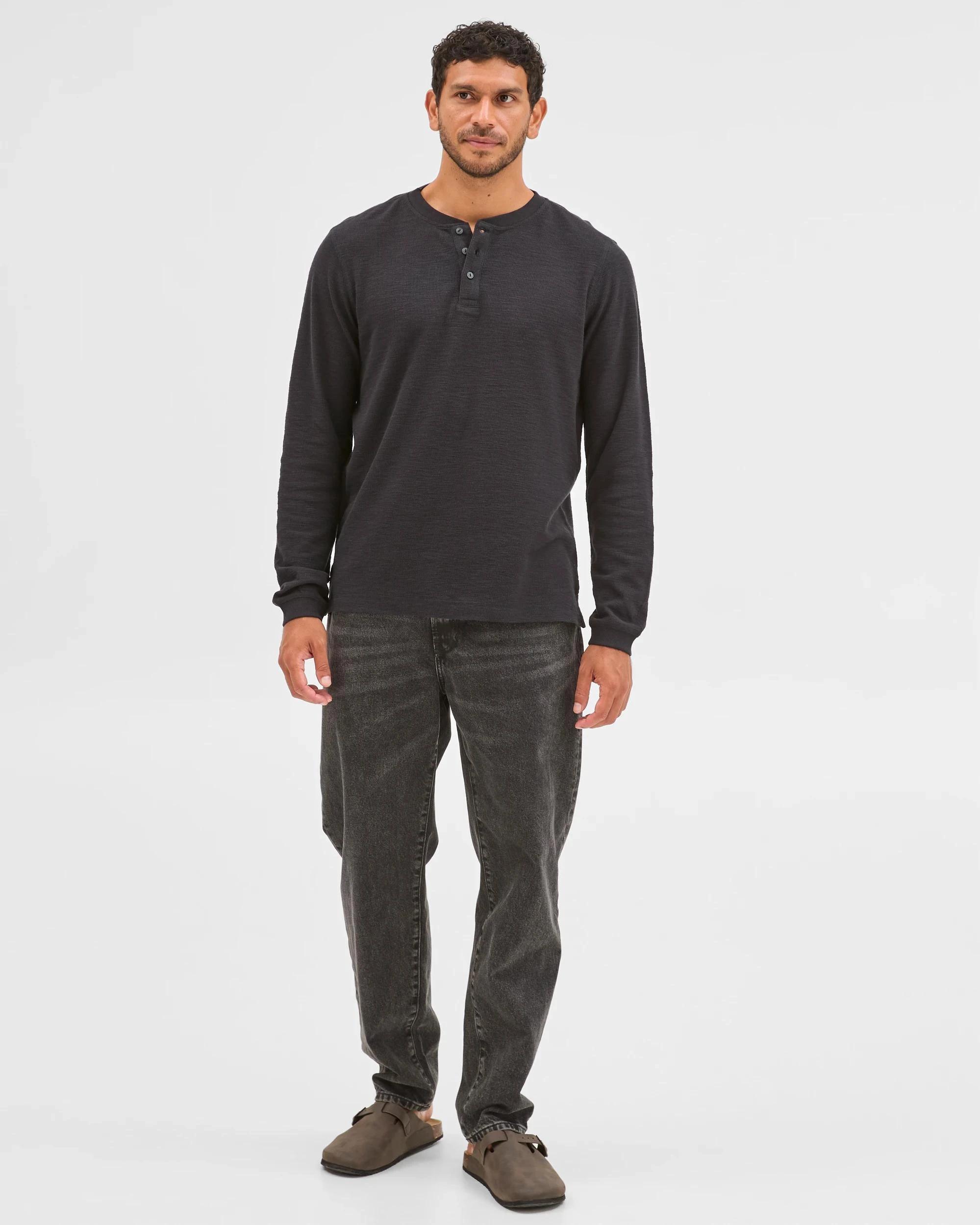 3 Target Australian Cotton Waffle Henley T-Shirt BLACK MARLE, 3 of 5