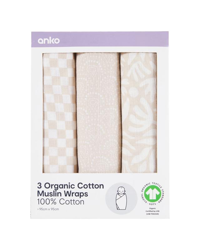 3 Pack Organic Cotton Muslin Wraps - 