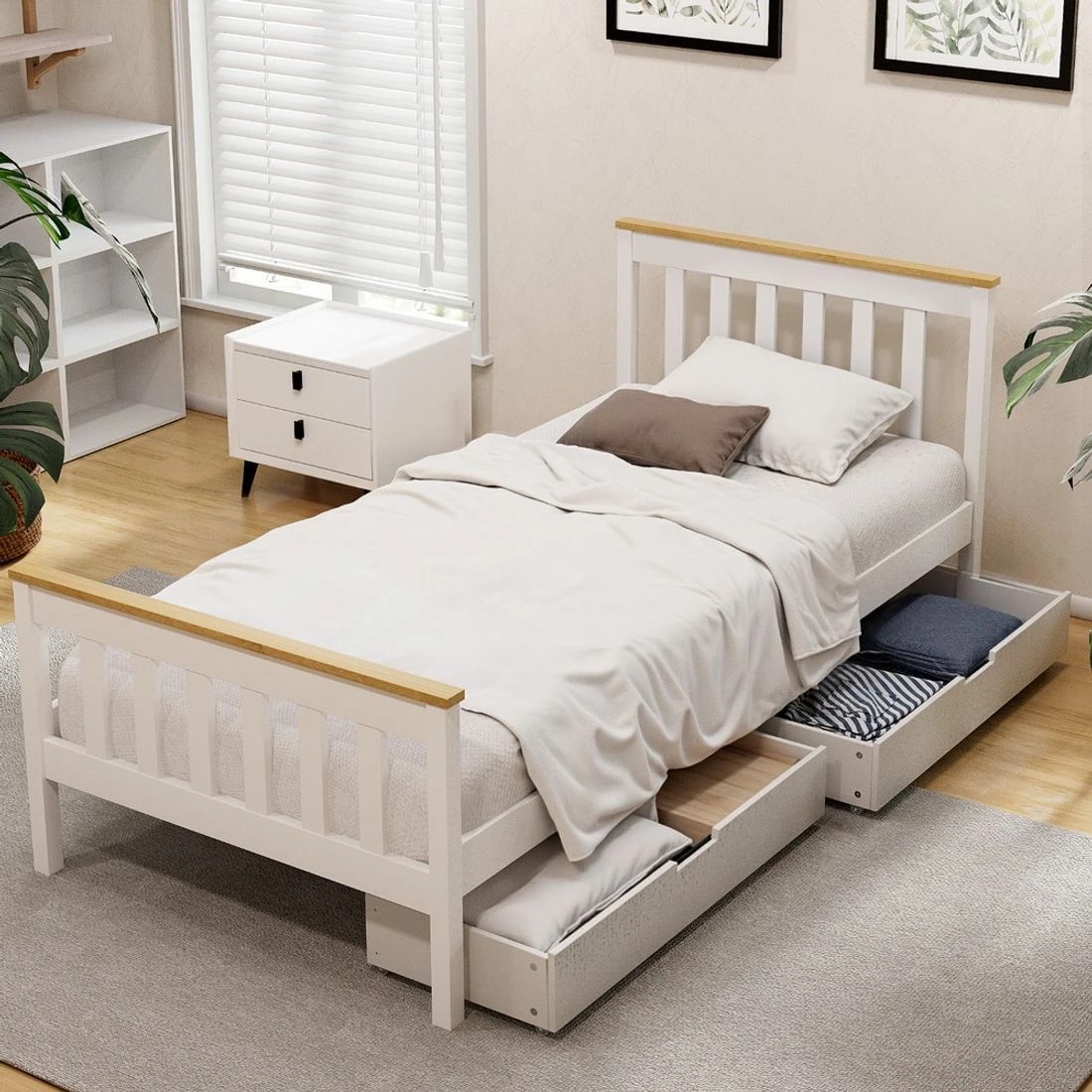 1 Artiss Bed Frame Single Size Wooden Platform With 2 Storage Drawers
 - White, 1 of 8