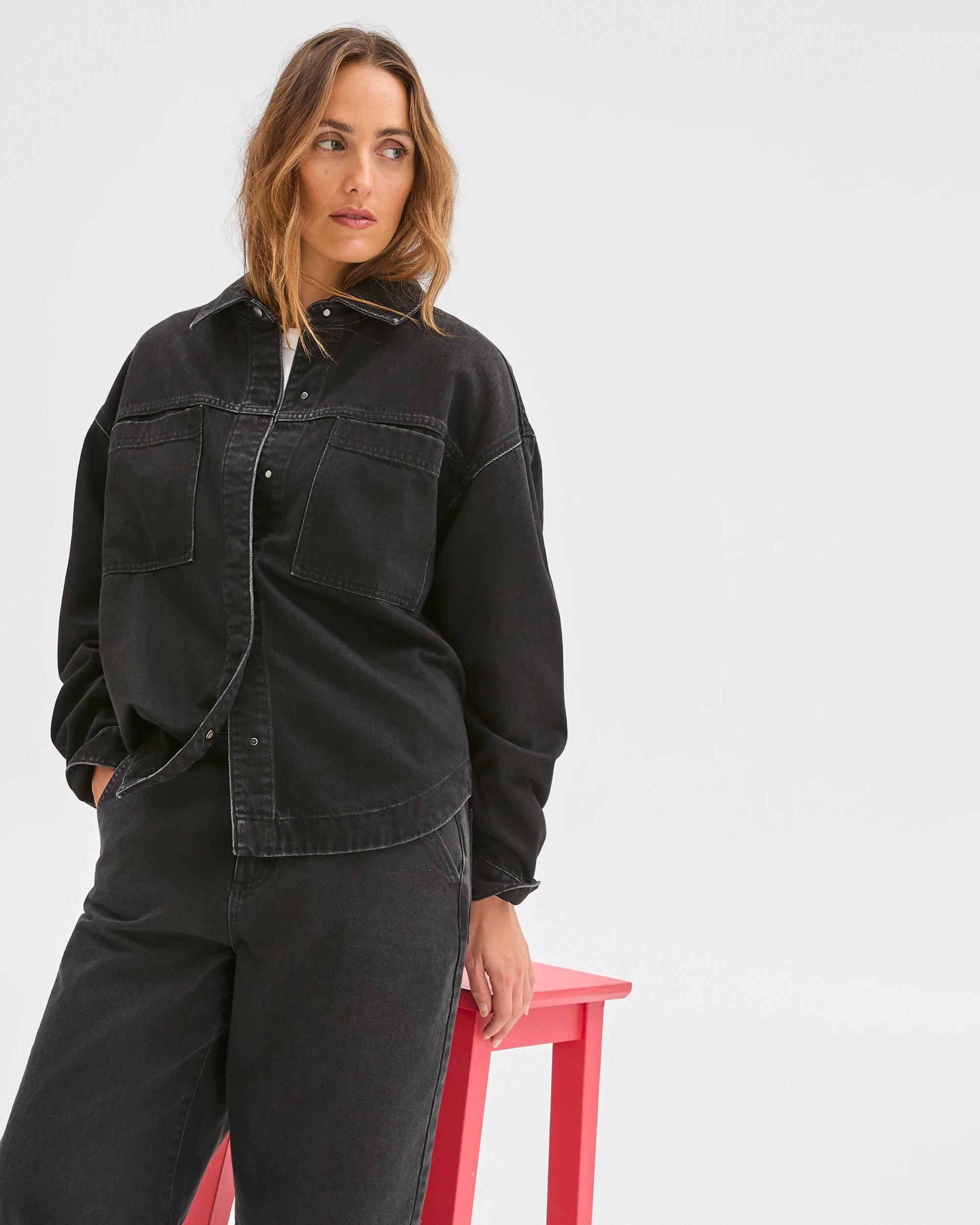 7 Target Denim Long Sleeve Denim Shacket WORN BLACK, 7 of 7