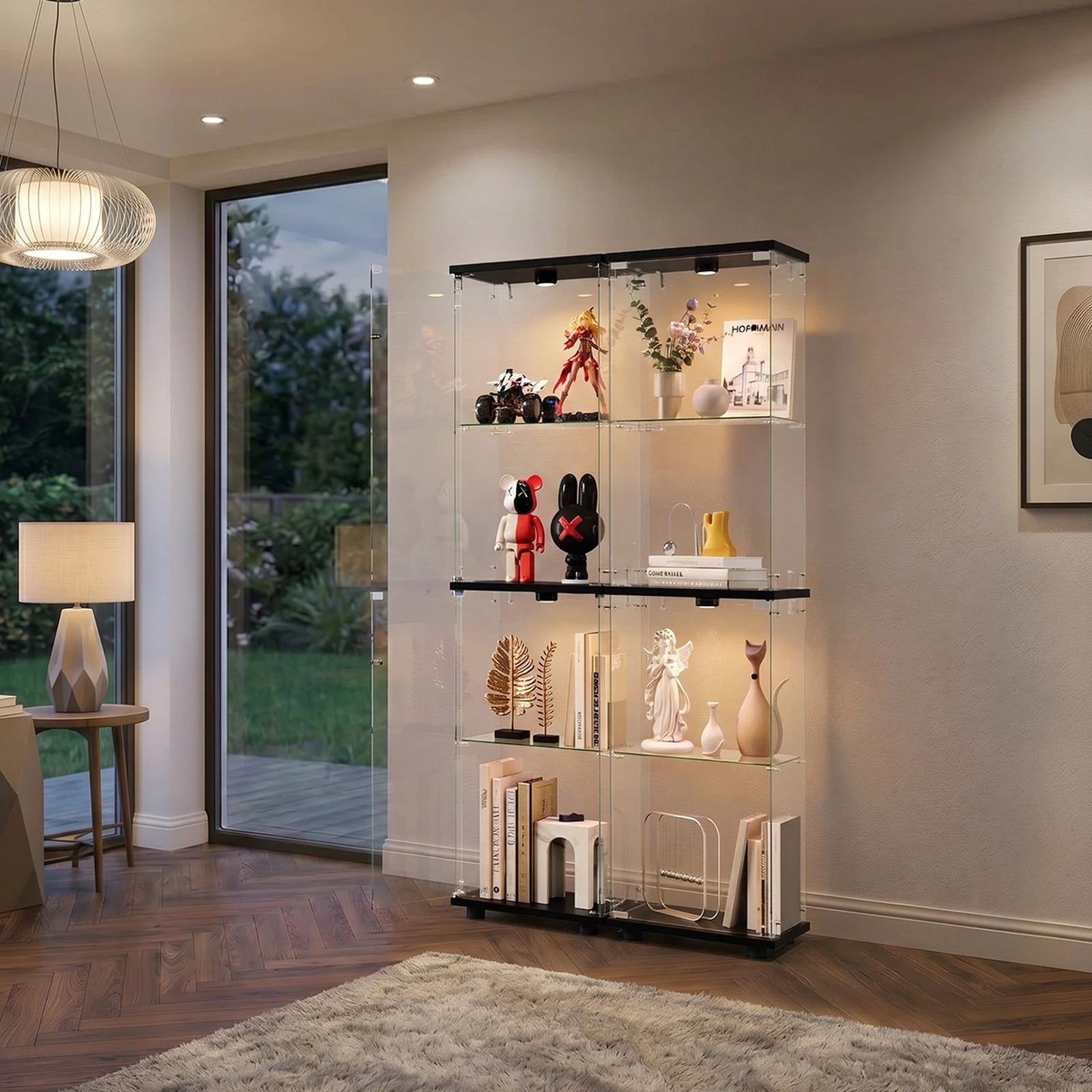 4 Oikiture Glass Display Cabinet 4-Tier LED Light Bookcase Clear Showcase - Black, 4 of 8
