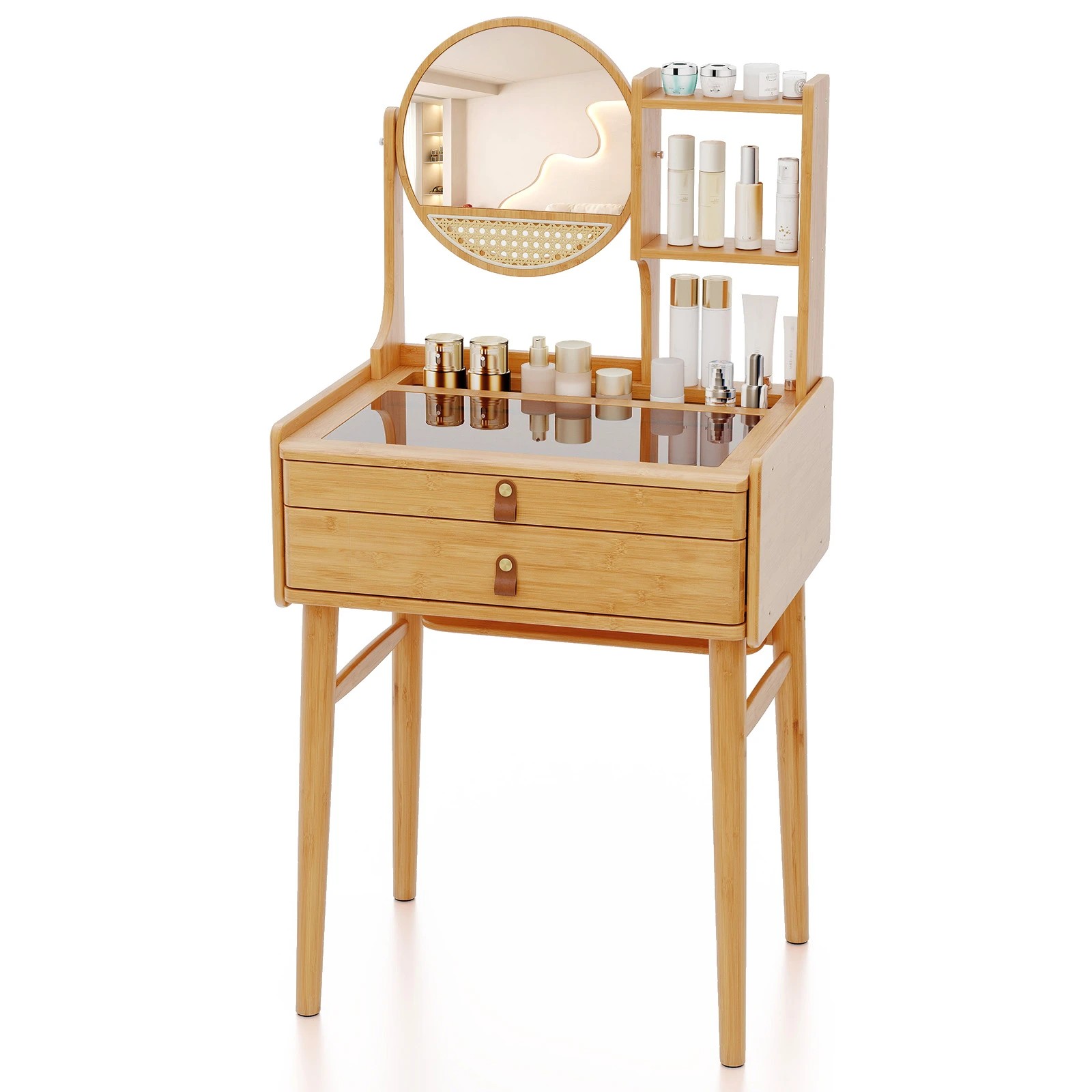 4 Costway Small Bamboo Dressing Table w/Mirror Compact Makeup Table, 4 of 5