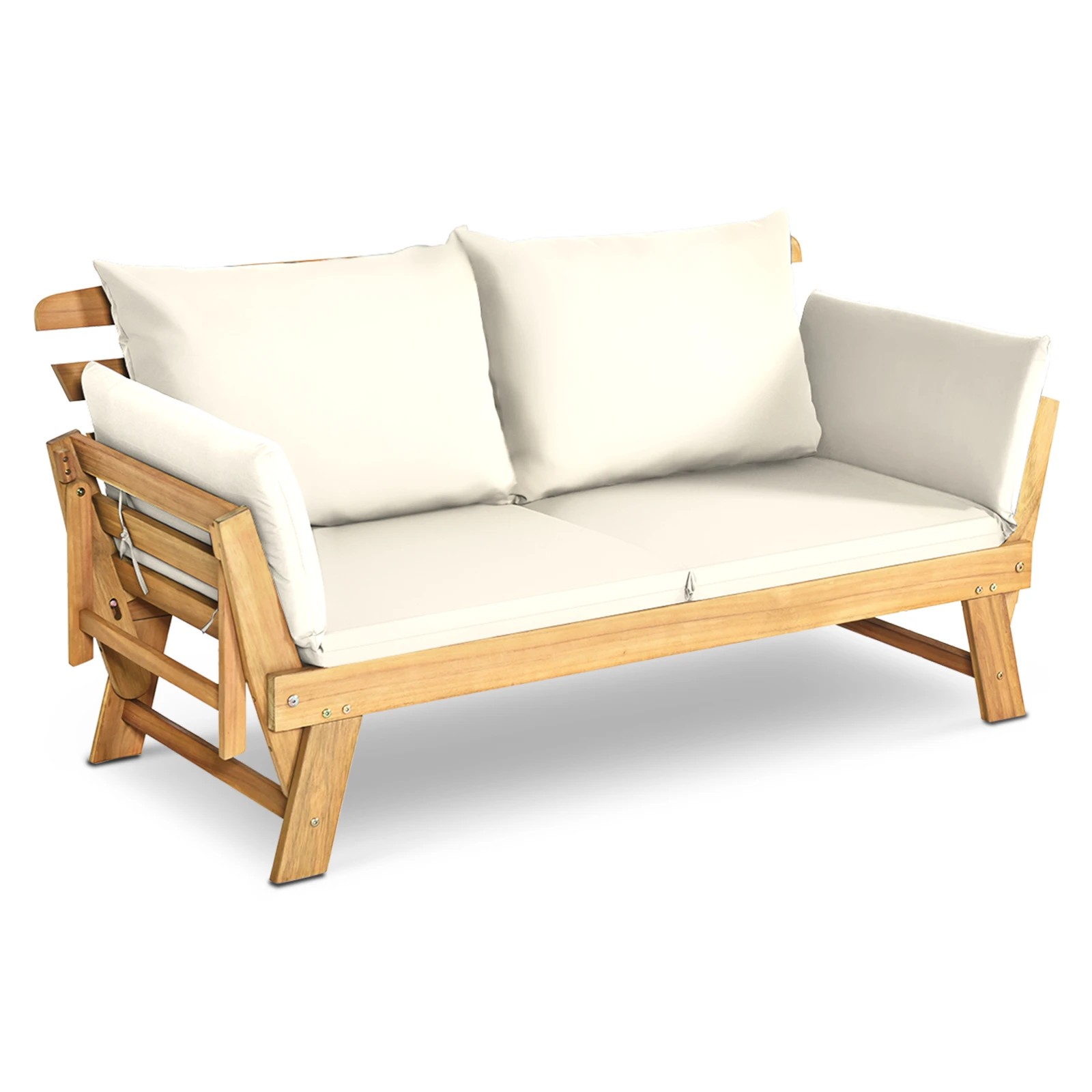 1 Costway Outdoor Acacia Wood Patio Sofa w/Adjustable Armrest - White, 1 of 3