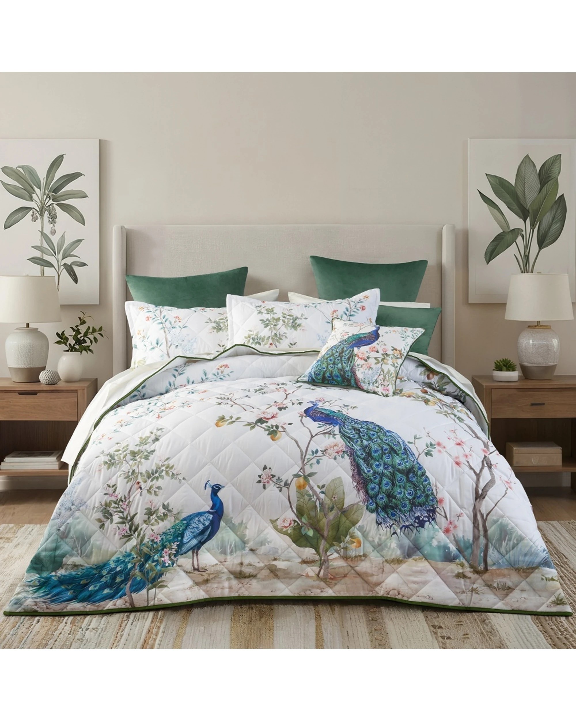 1 Bianca Priya Peacock Floral Print Quilted Bedspread Set - Super King Bed - Pattern, 1 of 4