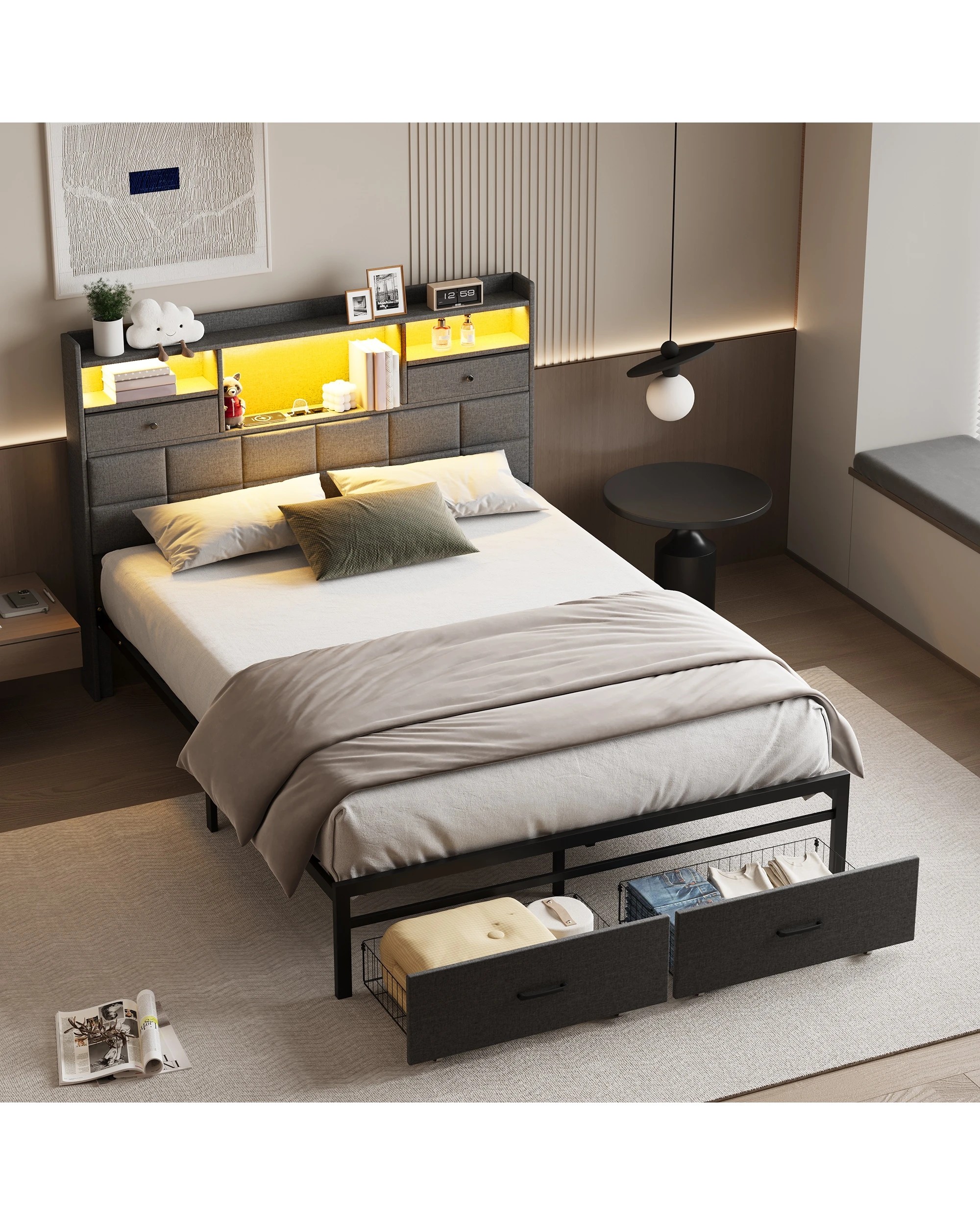 4 Advwin Double Bed Frame with RGB LED and Charging Station - Grey, 4 of 6