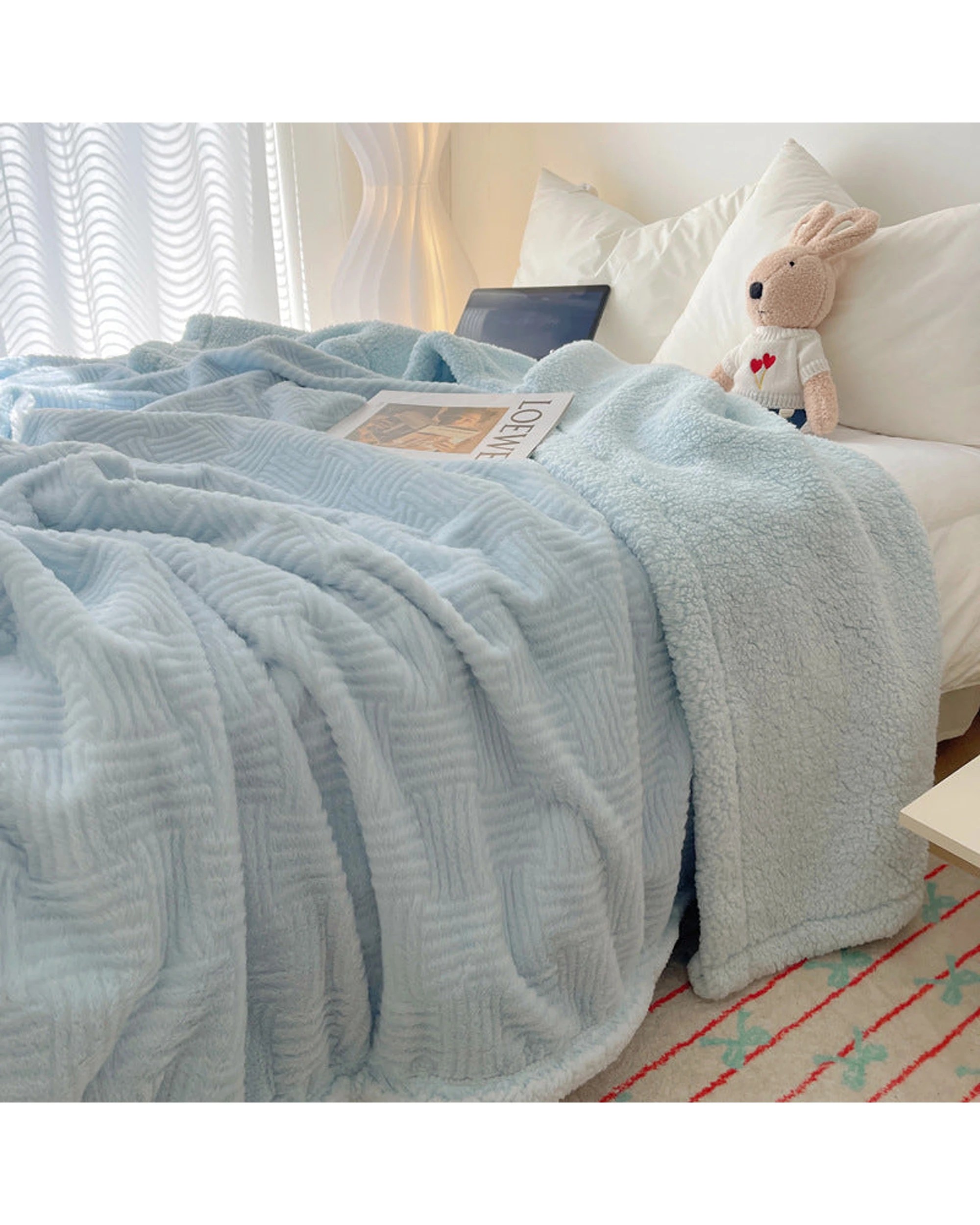 6 Cotton More Large Faux Rabbit Plush Blanket Throw 200x230cm Sky - Blue, 6 of 7