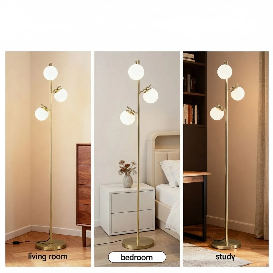 5 Artiss 3-Light Tree Floor Lamp 165cm Tall Standing Light with Sphere Glass Shades for Modern Homes - Gold, 5 of 6