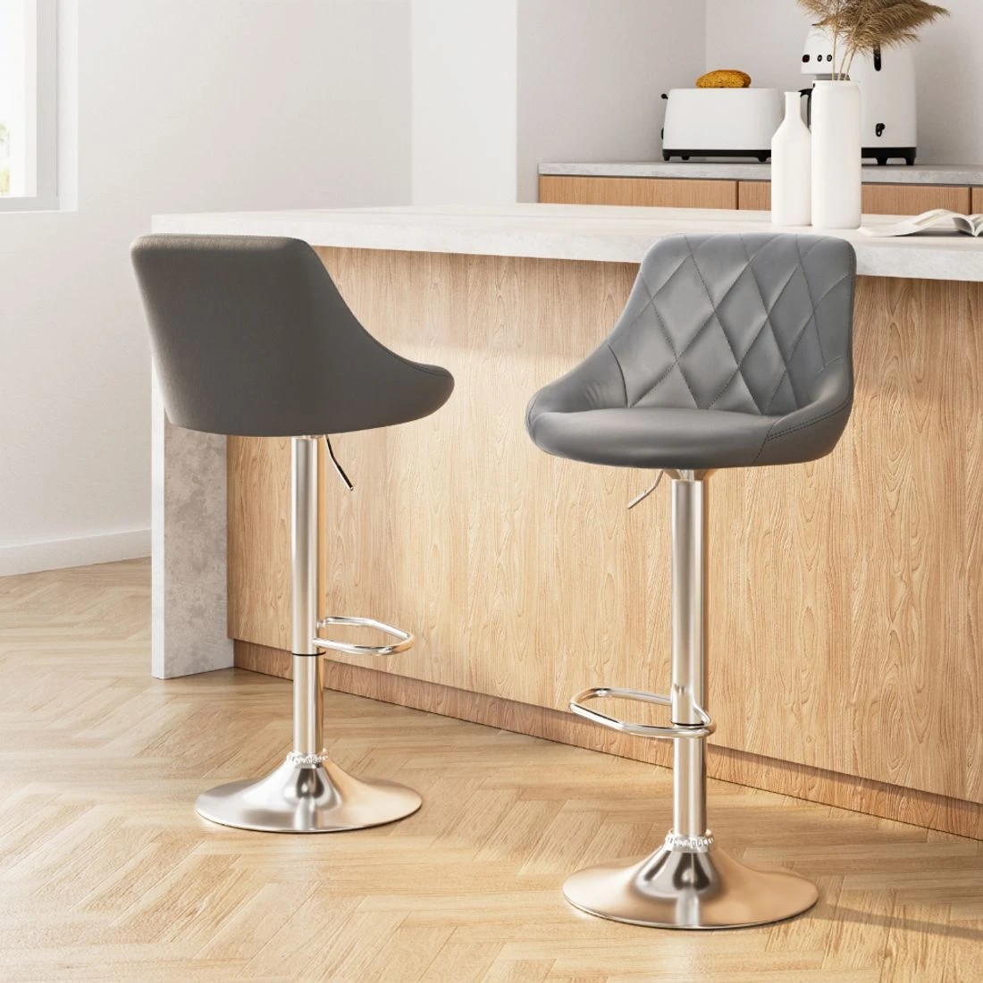 3 Artiss 2x Bar Stools Leather Padded Gas Lift - Grey, 3 of 8