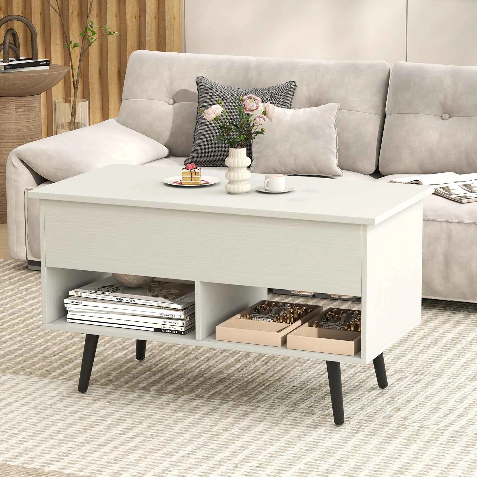 4 Costway 80cm Lift Top Coffee Table Modern Dining Table w/Hidden Storage Compartment - White, 4 of 5