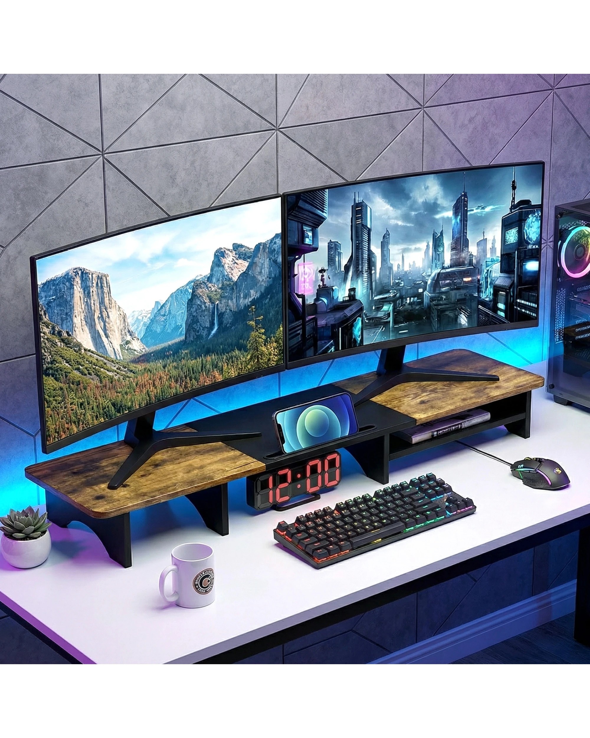 5 Advwin 100cm Dual Monitor Stand Riser Wood Desktop Organizer with Storage Space, 5 of 9
