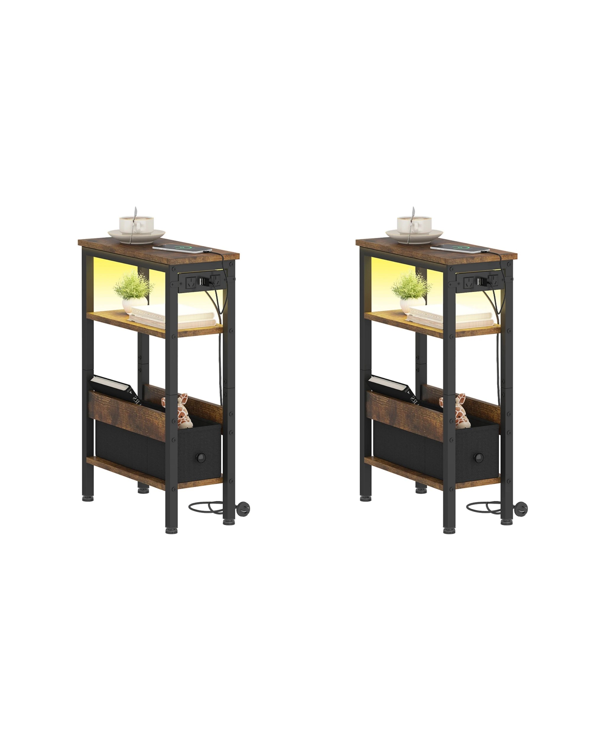 1 Advwin LED  Bedside Tables Set of 2 w/ Open Drawer & Open Shelf - Brown, 1 of 9