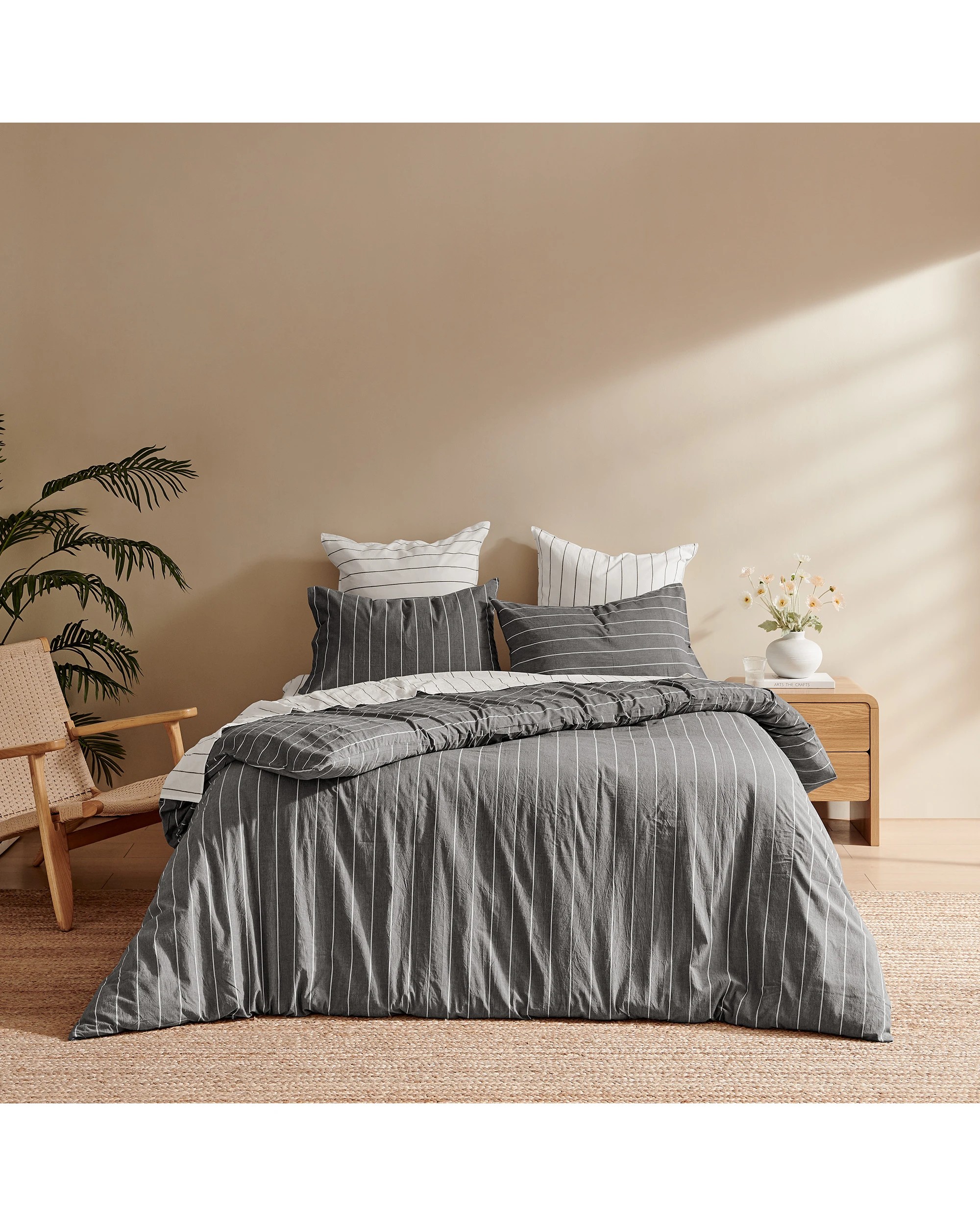 4 Dreamaker Rumi Stripe Washed Cotton Reversible European Pillowcase Twin Pack - White with Graphite, 4 of 4