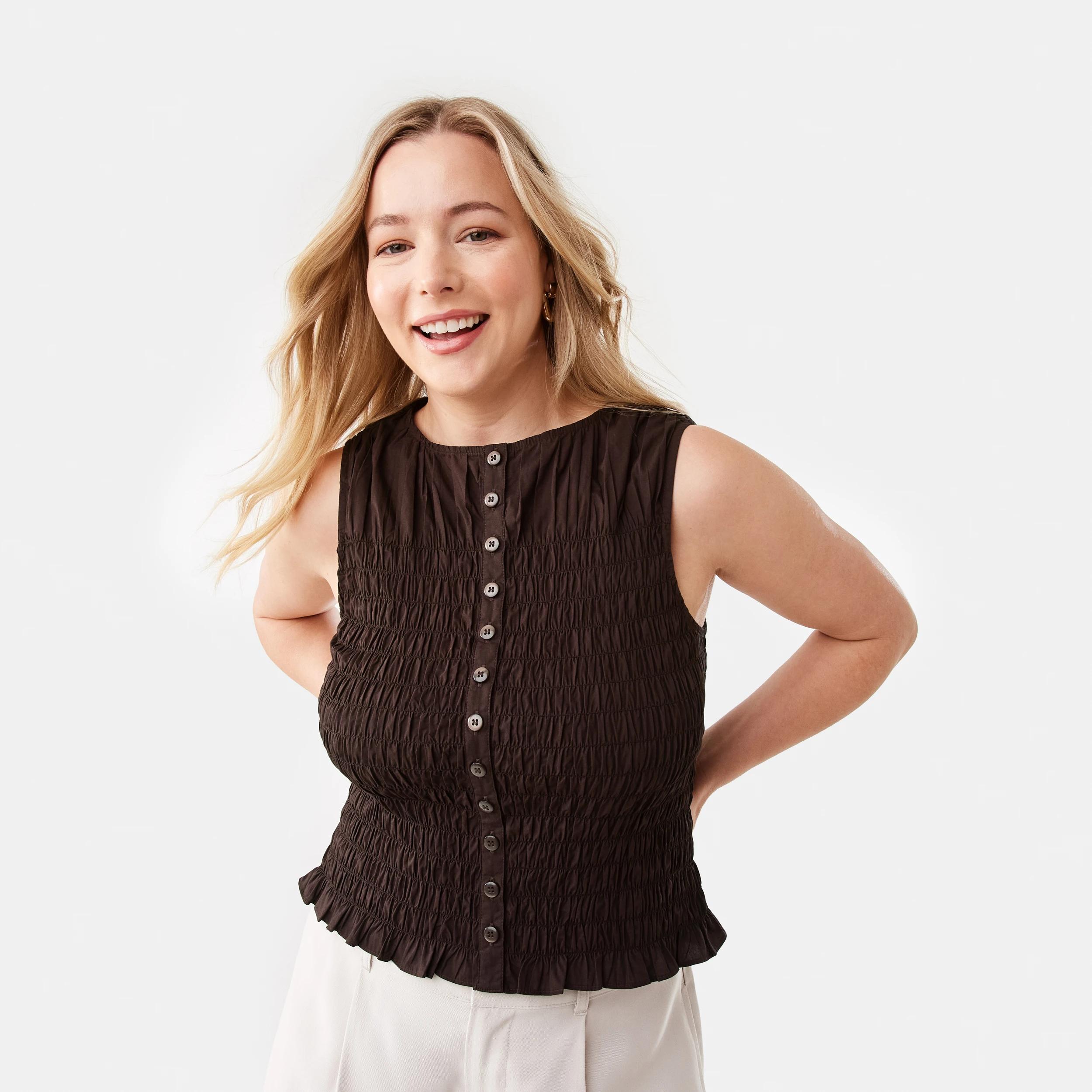 1 Sleeveless Shirred Button Through Top MELTED CHOCOLATE, 1 of 8
